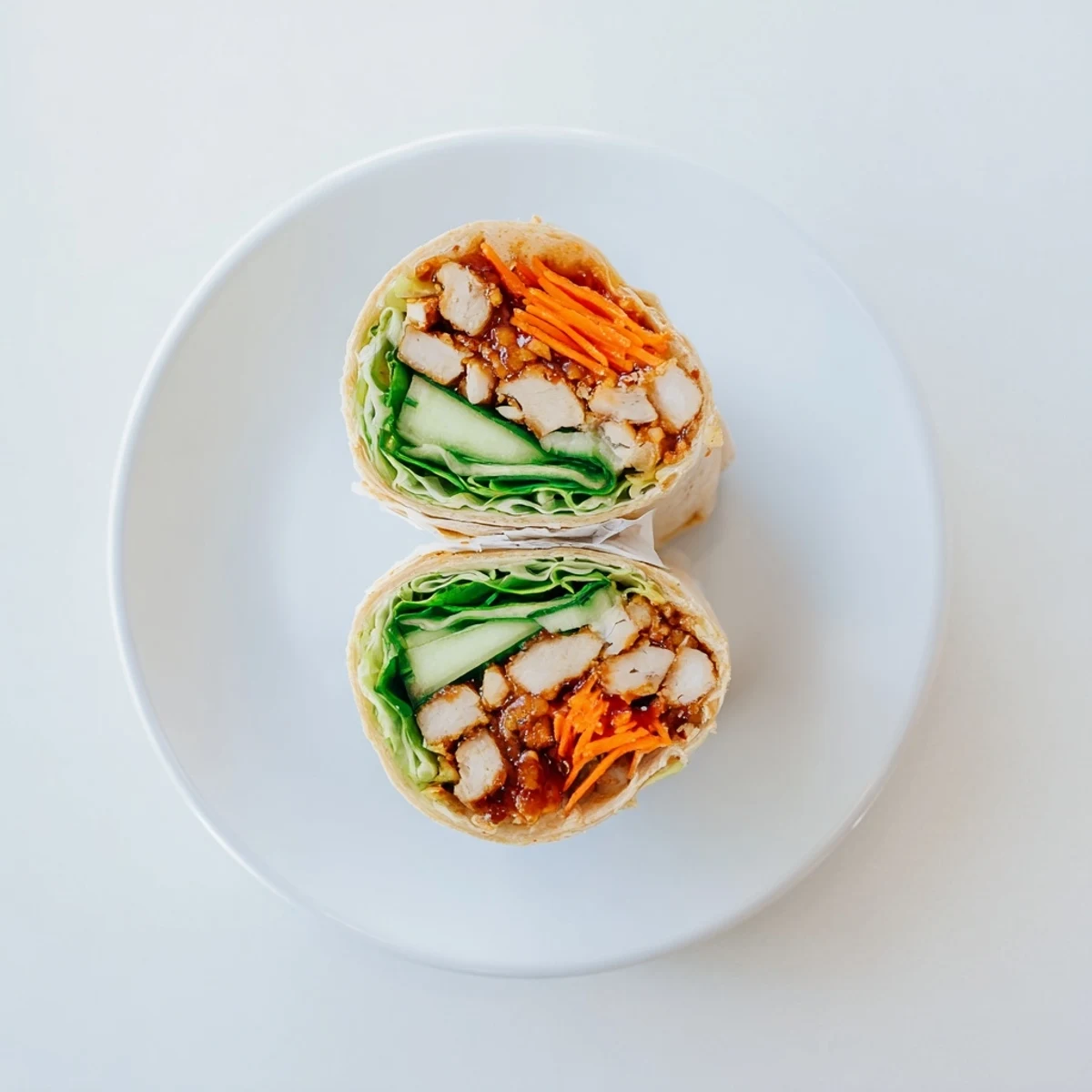 A vibrant wrap halved to show the tender chicken, crunchy vegetables, and honey chili crisp filling, served on a rustic wooden board.