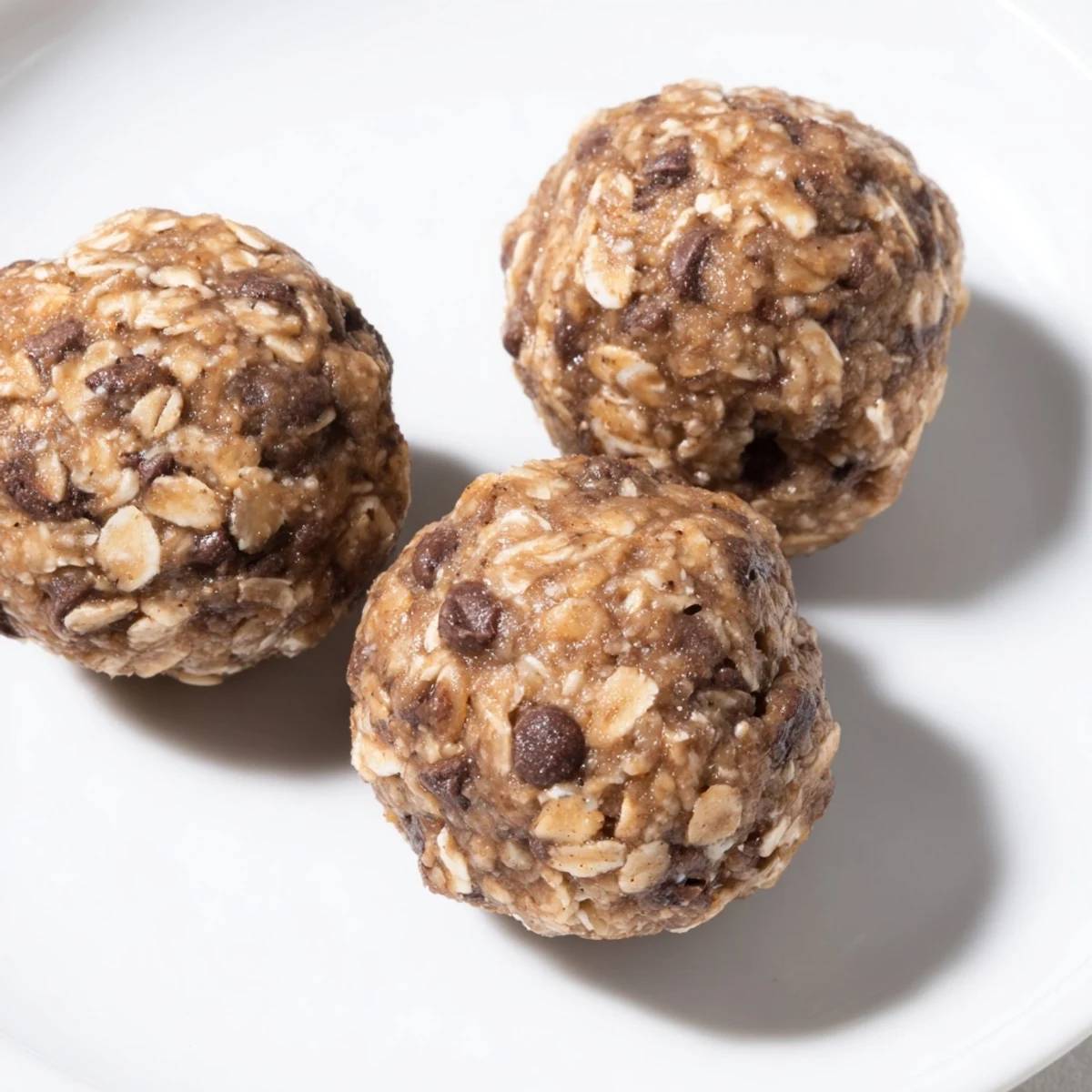 Homemade Banana Chocolate Chip Energy Balls stacked on a white plate, ready for a quick on-the-go snack.