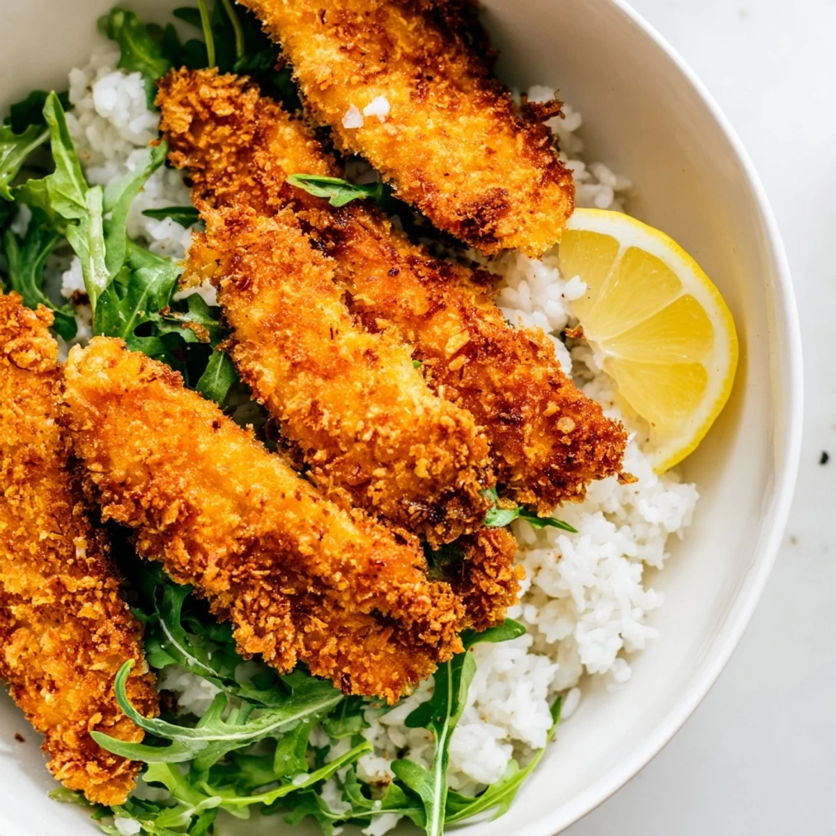 Golden, crispy Parmesan chicken cutlet bowl with fluffy rice, fresh arugula, and a bright lemon wedge.