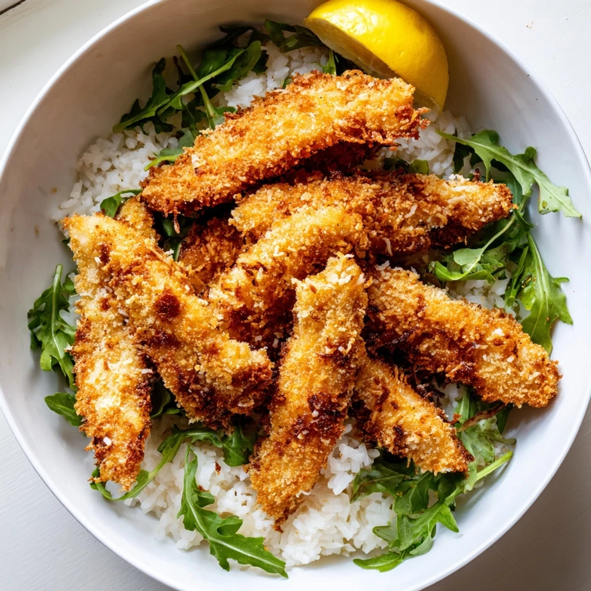 Savory Crispy Parmesan Chicken Cutlet Bowl garnished with parsley and a lemon wedge, ready to be enjoyed.