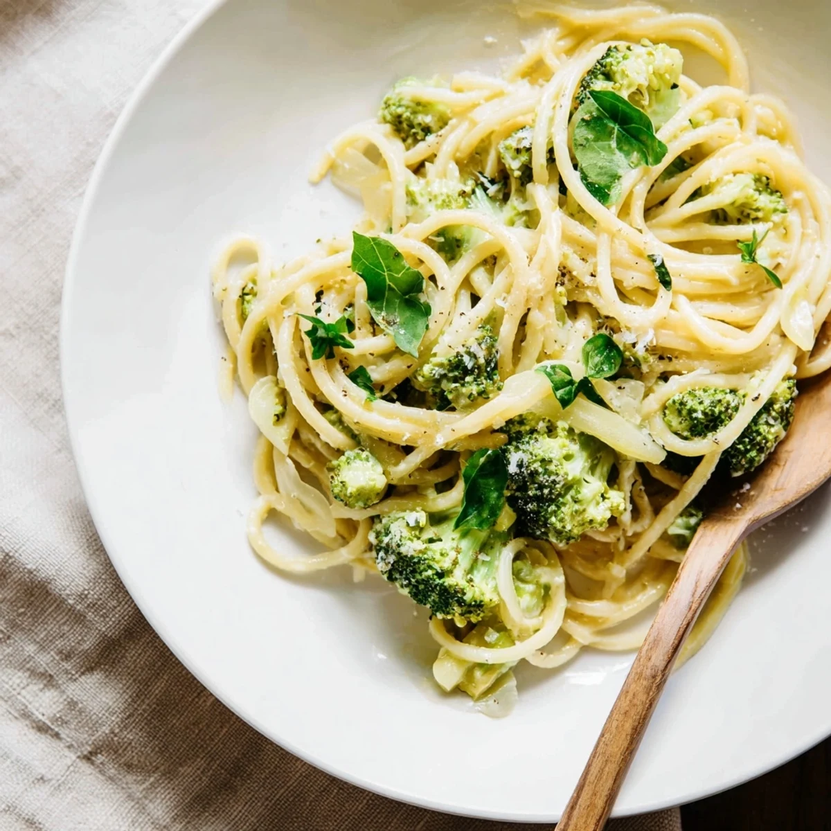 A close-up of One-Pot Lemon Broccoli Pasta twirled on a fork, showcasing vibrant green broccoli and glistening citrus sauce.  