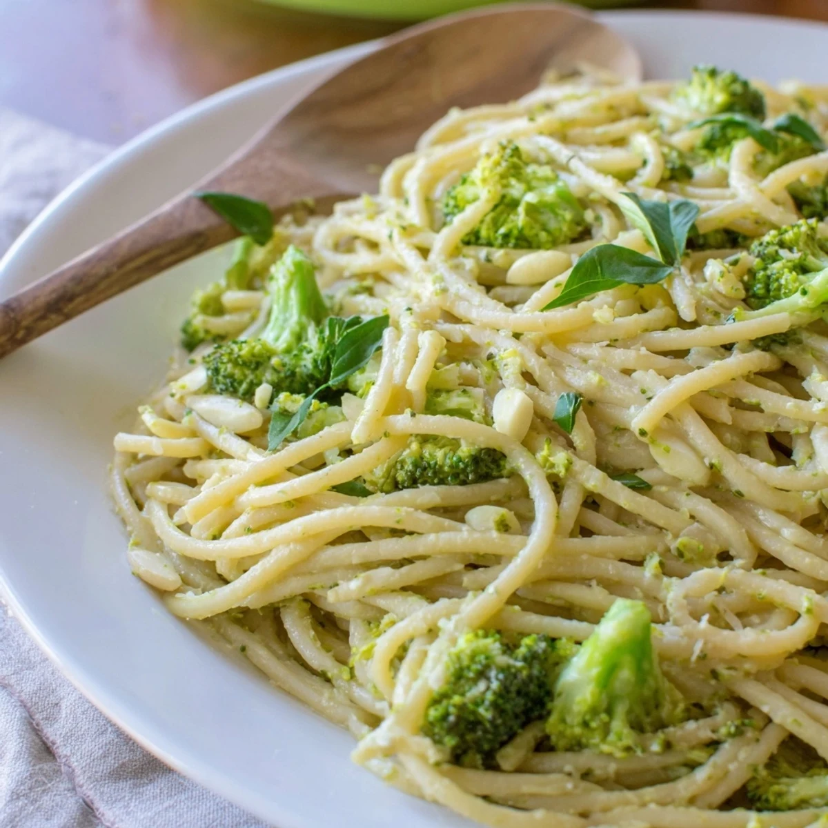 An overhead shot of One-Pot Lemon Broccoli Pasta in a skillet, featuring tender broccoli florets and a glossy garlic-lemon sauce.