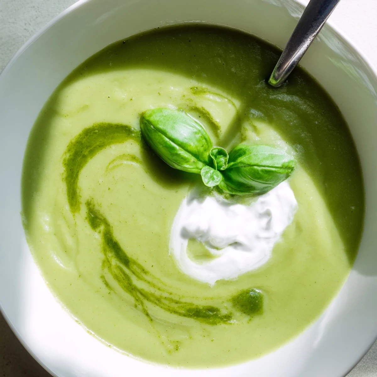 Creamy green Courgette, Pea and Pesto Soup steaming in a rustic bowl with swirls of bright pesto and fresh basil.