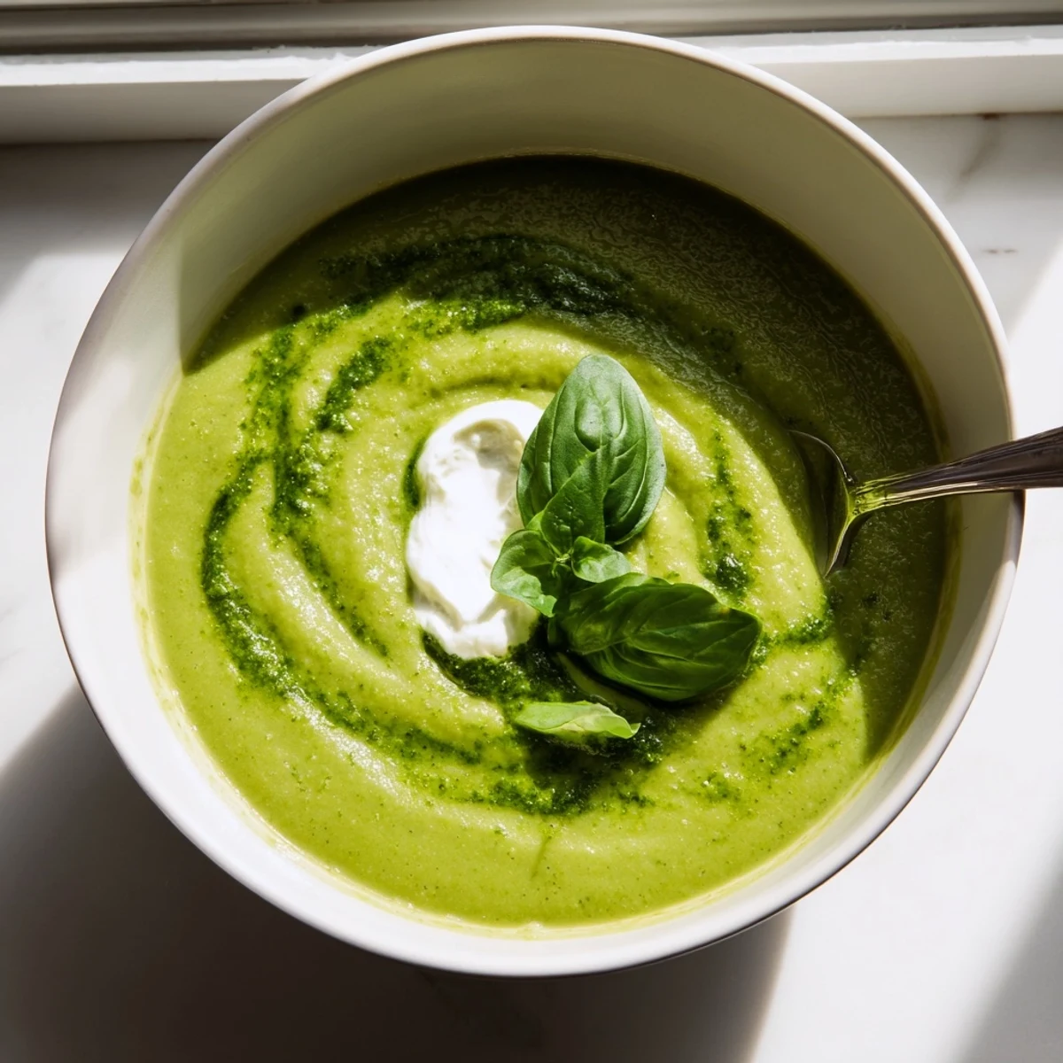 Hearty bowl of Courgette, Pea and Pesto Soup served with crusty bread, perfect for a light spring lunch.