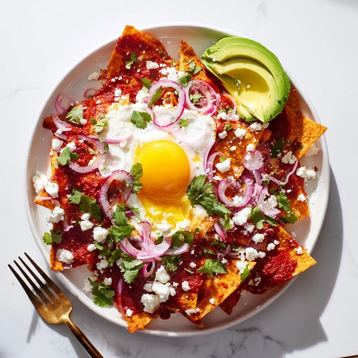 Golden tortilla chips tossed in vibrant green salsa, crowned with a sunny-side-up egg and fresh cilantro for a classic chilaquiles breakfast.