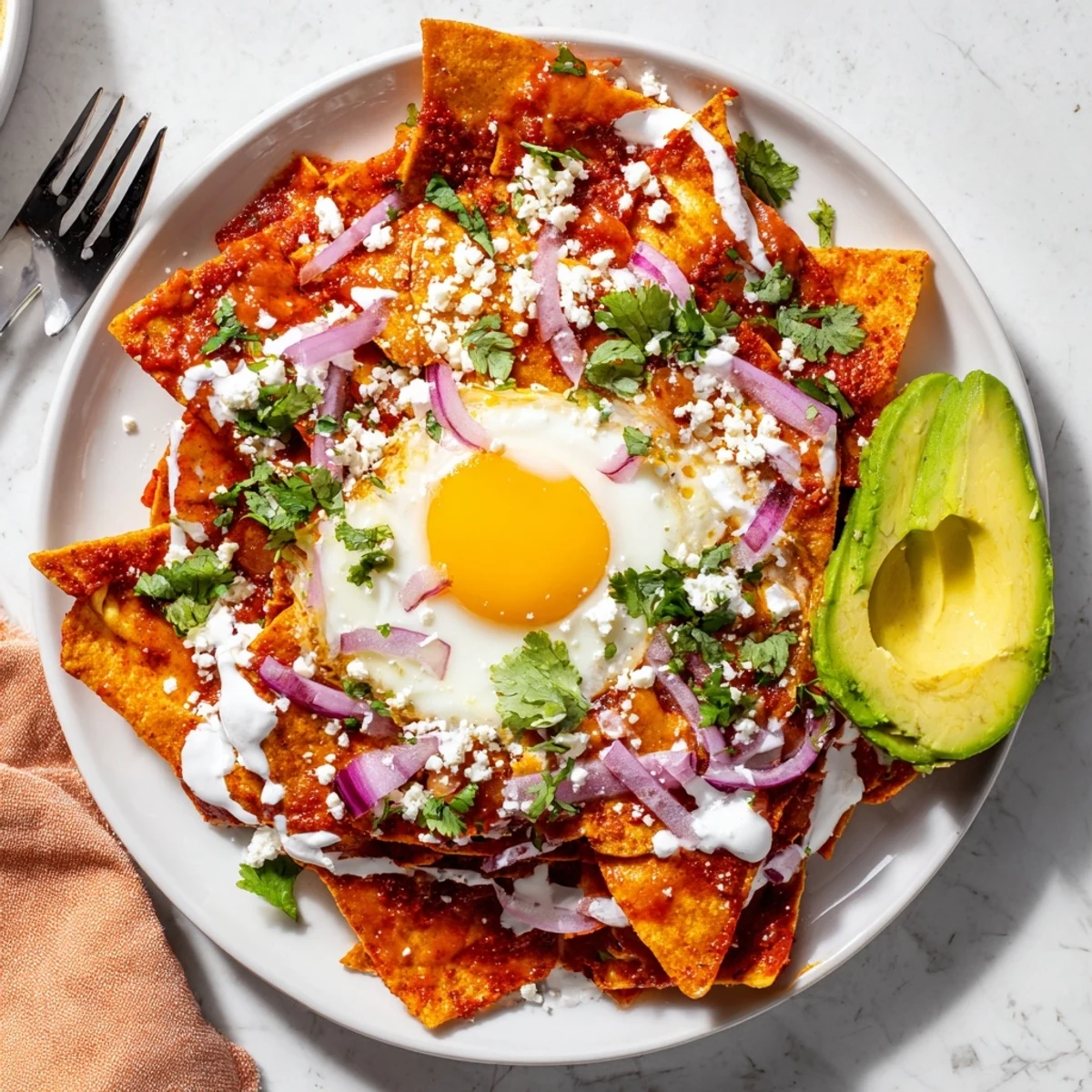 Crispy homemade tortilla chips smothered in zesty salsa verde, topped with creamy avocado slices and a perfectly runny yolk.