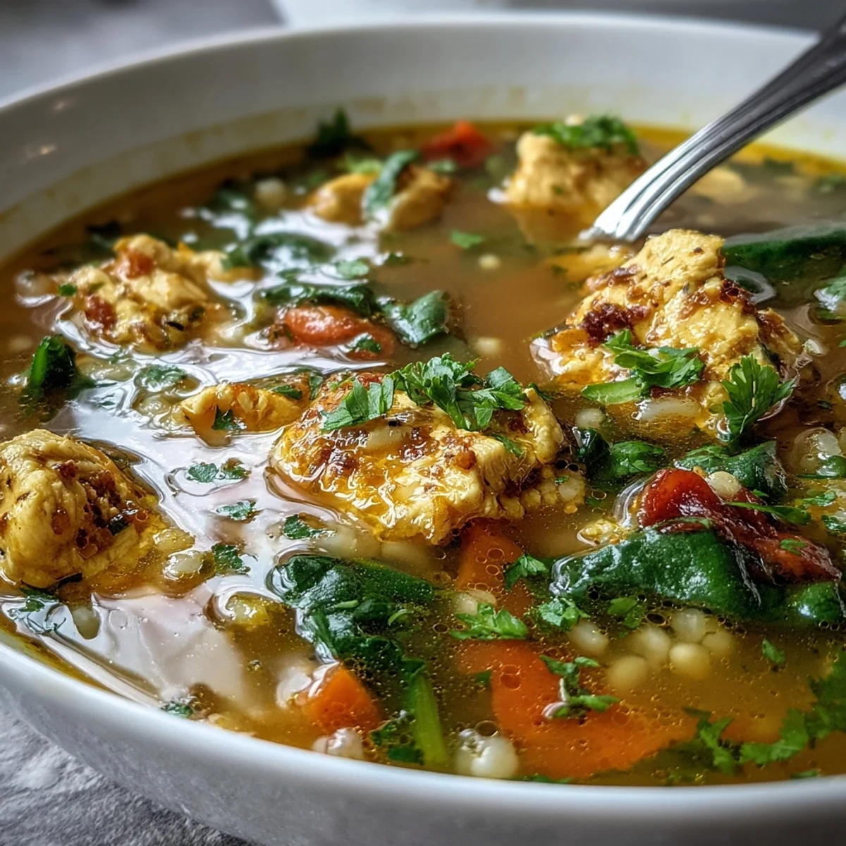 A steaming bowl of Soothing Turmeric Chicken With Pearl Barley, featuring tender chicken and golden broth with spinach and parsley garnish.
