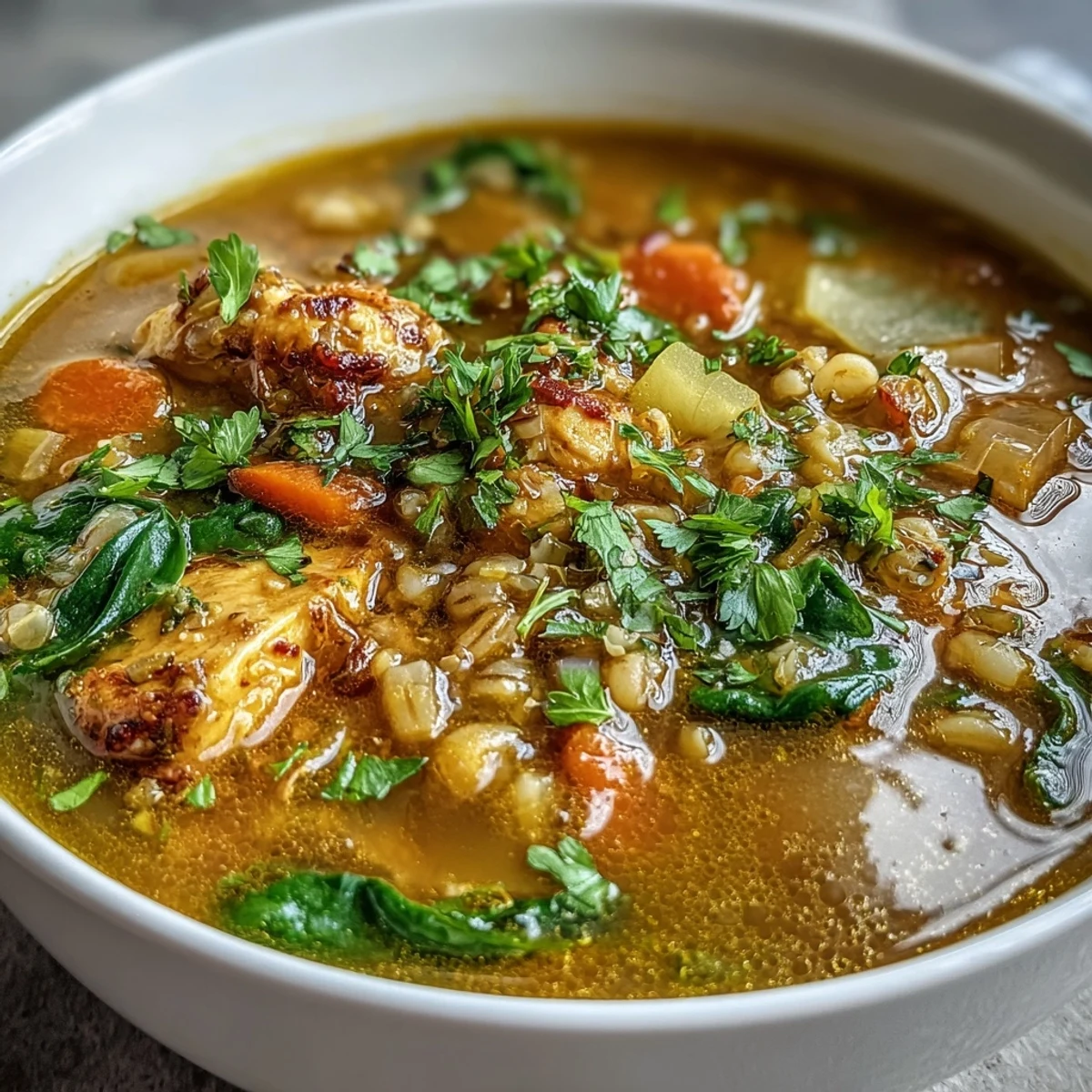 Hearty Soothing Turmeric Chicken With Pearl Barley served in a white bowl, garnished with fresh parsley, ready to enjoy.