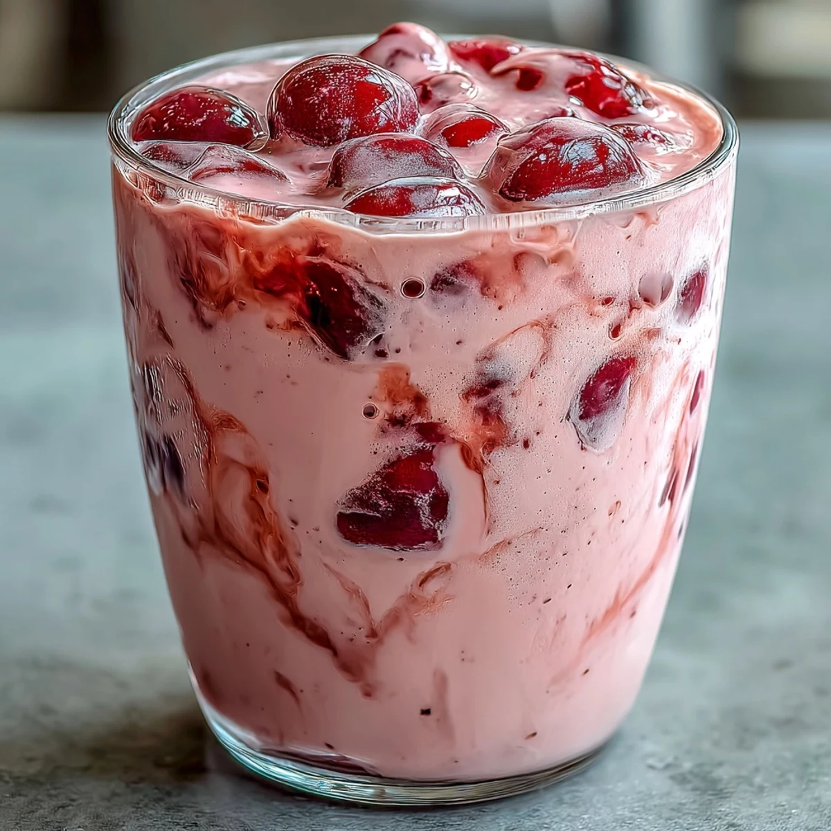 Creamy cherry almond smoothie in tall glasses garnished with fresh cherries and sliced almonds.  