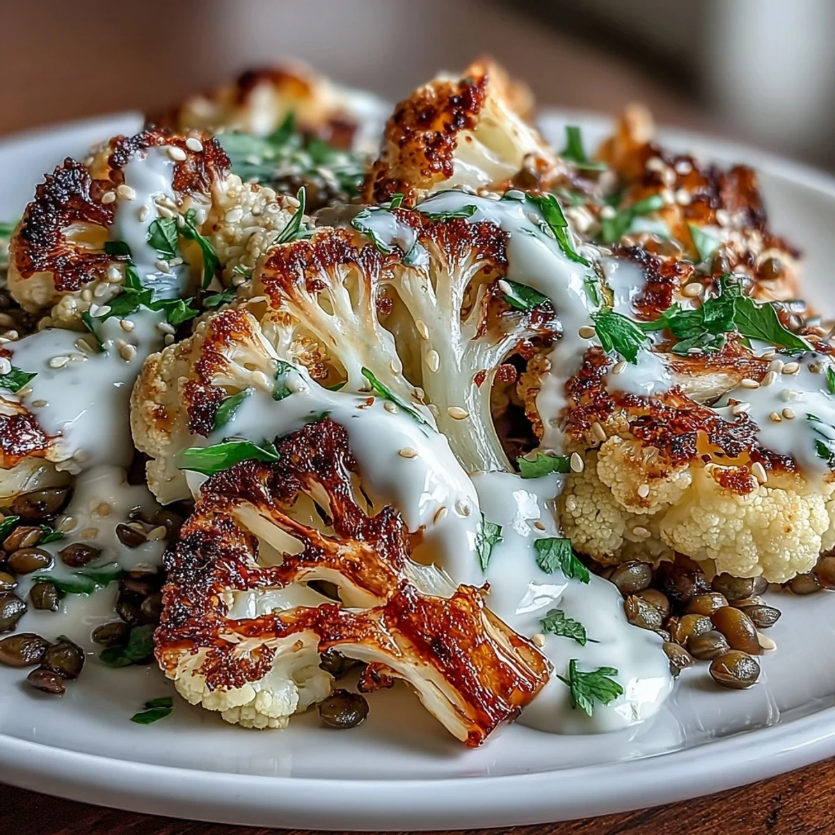 Golden roasted cauliflower florets piled high on a platter of zesty lemon lentil salad, drizzled with creamy cumin tahini yogurt and garnished with fresh herbs.