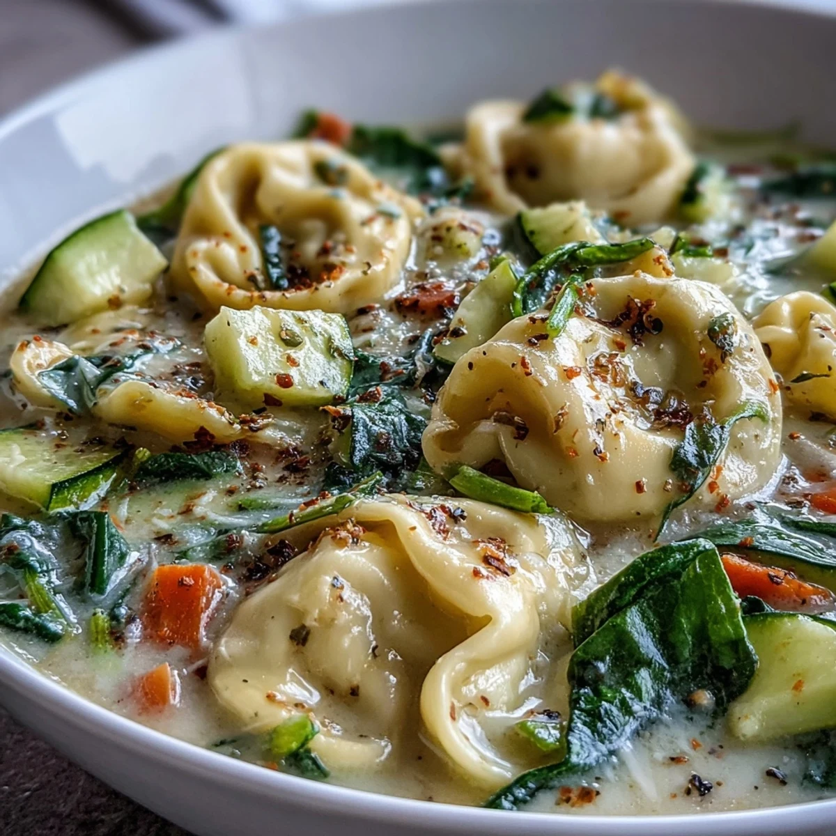 Creamy Vegetable Tortellini Soup steams in a white bowl, showcasing plump cheese tortellini, diced carrots, celery, zucchini, and wilted spinach in a rich, herb-flecked broth.
