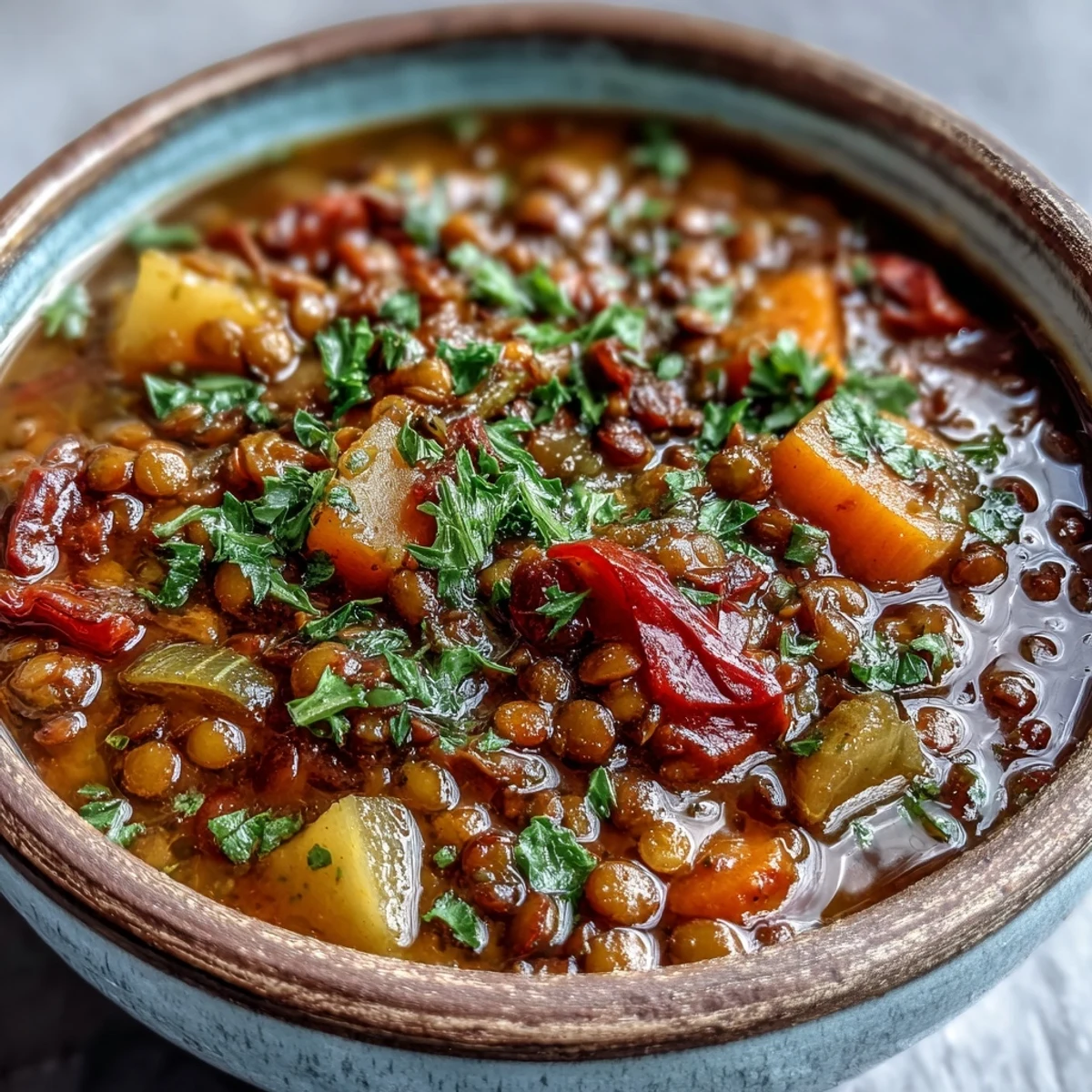 Steaming bowl of Vegetarian Lentil Stew with vibrant carrots, spinach, and a fresh parsley garnish.