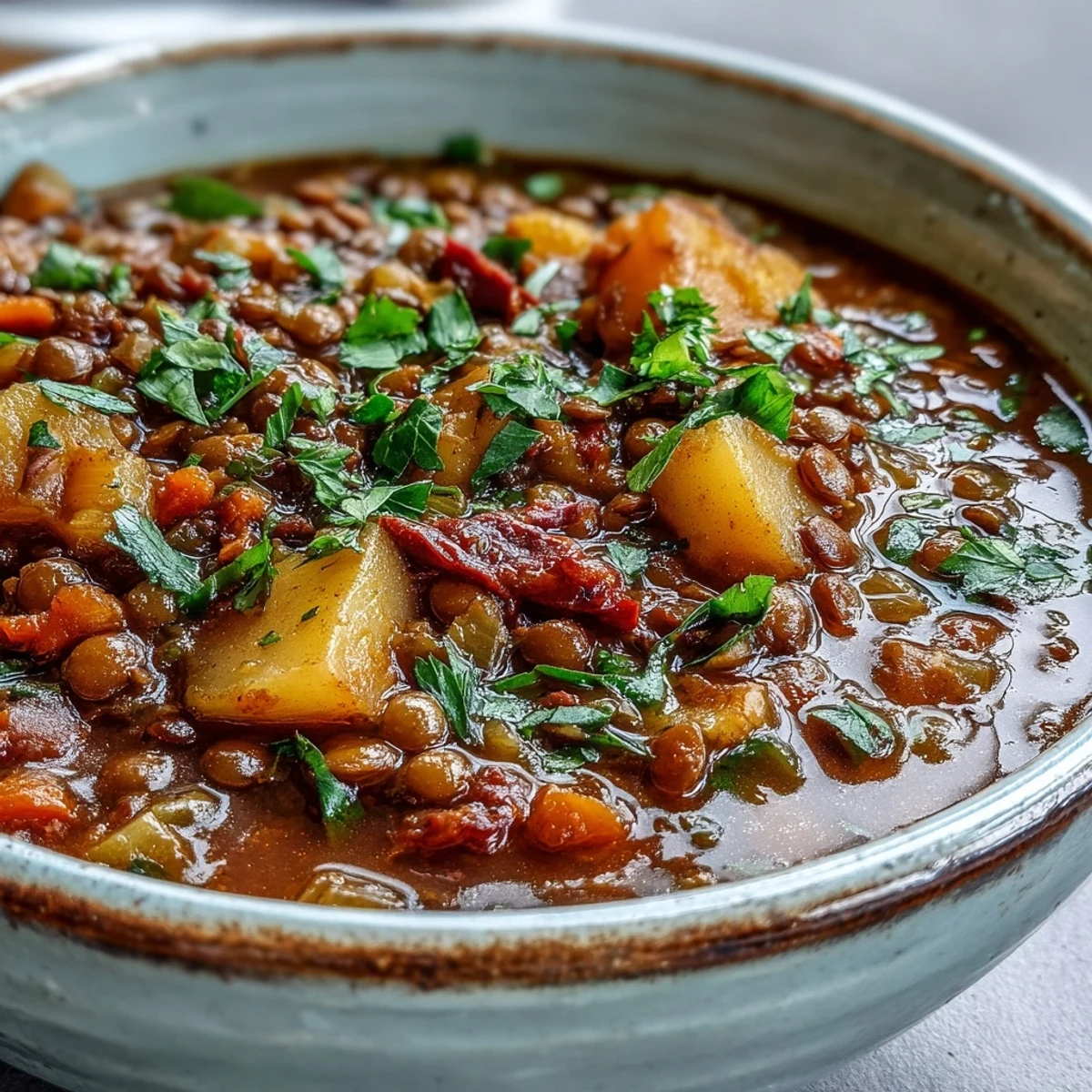 Warm, nourishing Vegetarian Lentil Stew served in a white bowl with lemon wedges and a wooden spoon.
