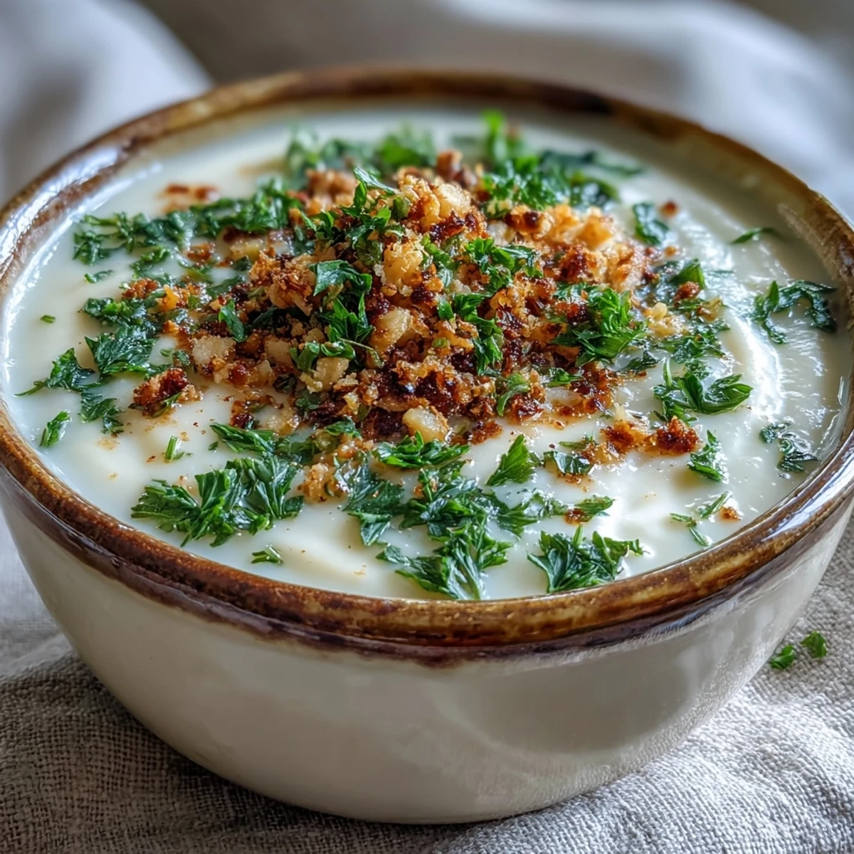 Creamy celeriac soup with hazelnut crumble served hot in a rustic white bowl topped with fresh parsley.
