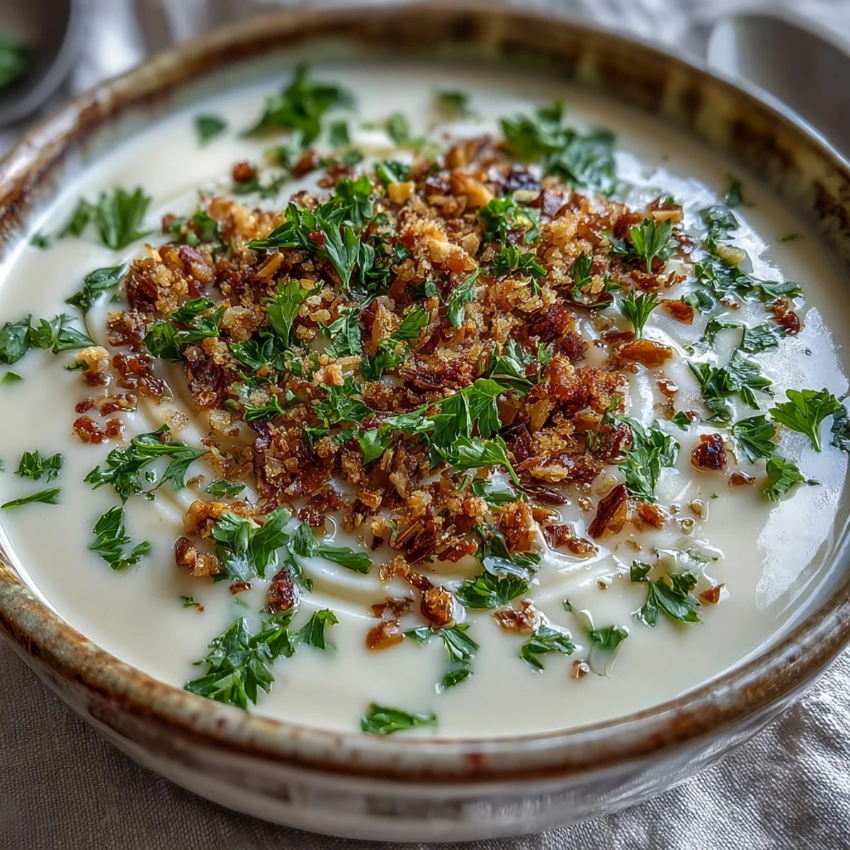 Silky celeriac soup with hazelnut crumble and a drizzle of hazelnut oil in a cozy, dimly lit setting.