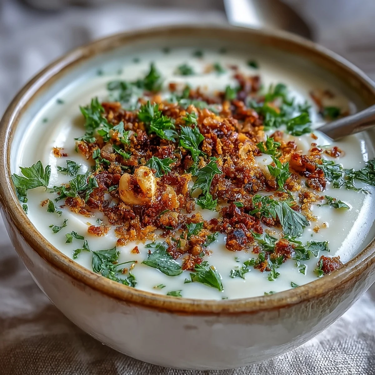 Roasted celeriac soup with hazelnut crumble garnish beside a glass of white wine and crusty bread.