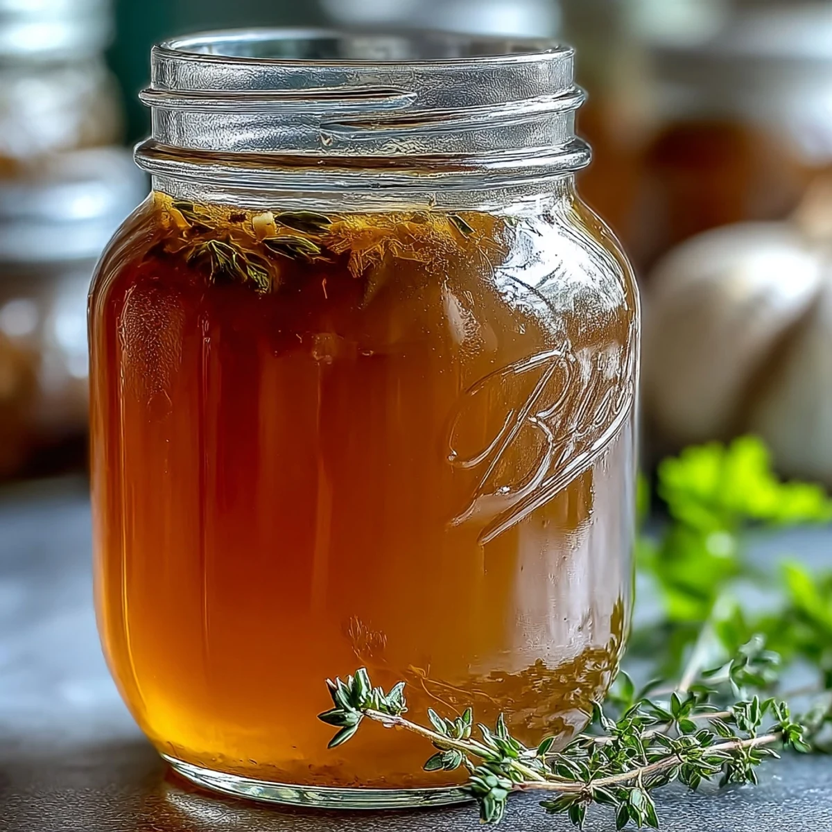 Vegetable Broth From Scraps steaming in a glass jar, garnished with parsley and bay leaves, ready for soups or sipping.