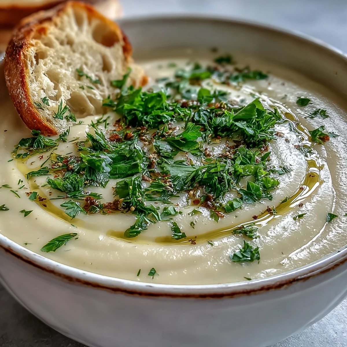 A bowl of creamy Parsnip and Herb Soup garnished with fresh parsley and chives, served warm as a comforting lunch or starter.