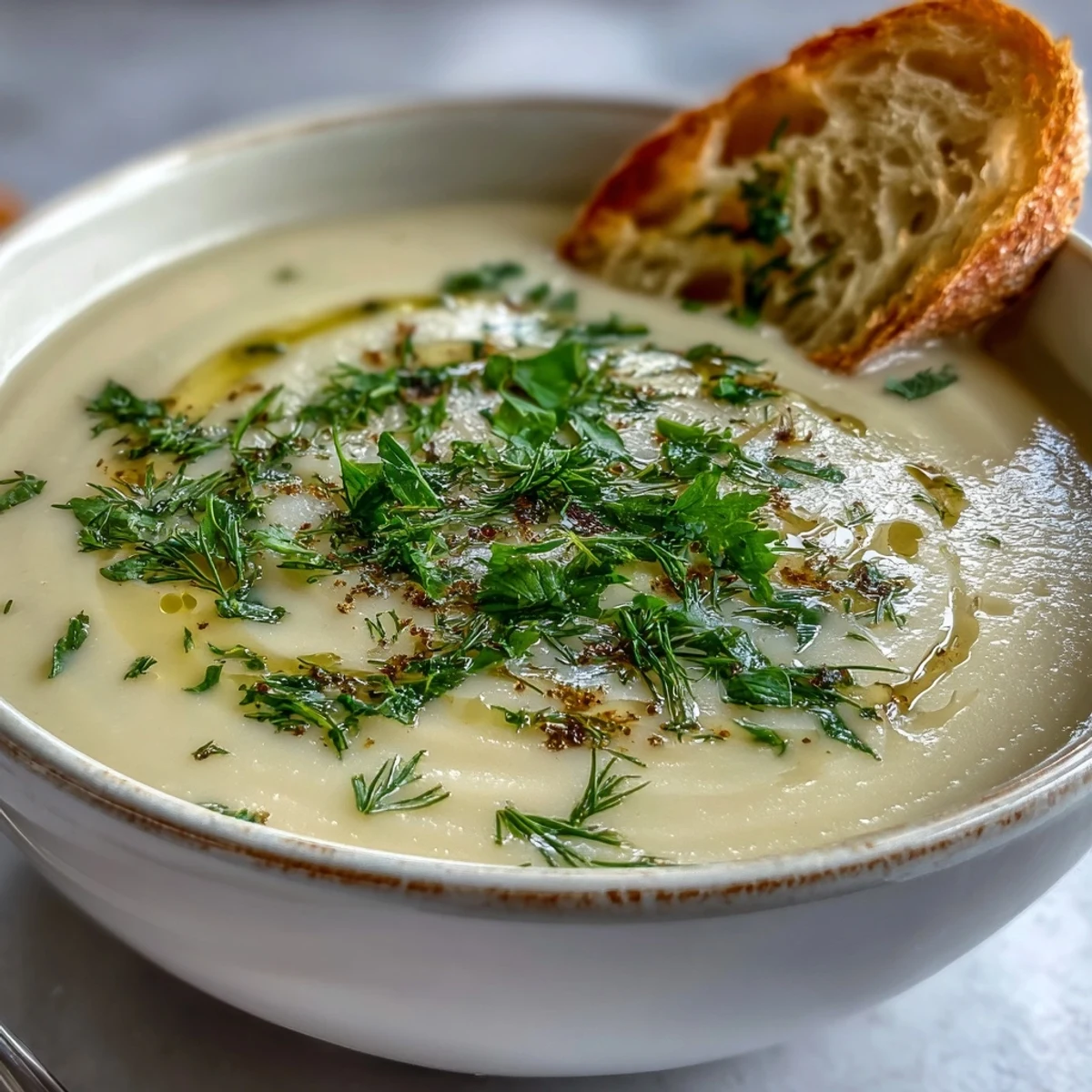 Steaming bowl of Parsnip and Herb Soup with visible herbs, a rustic spoon nearby, perfect for chilly autumn evenings.