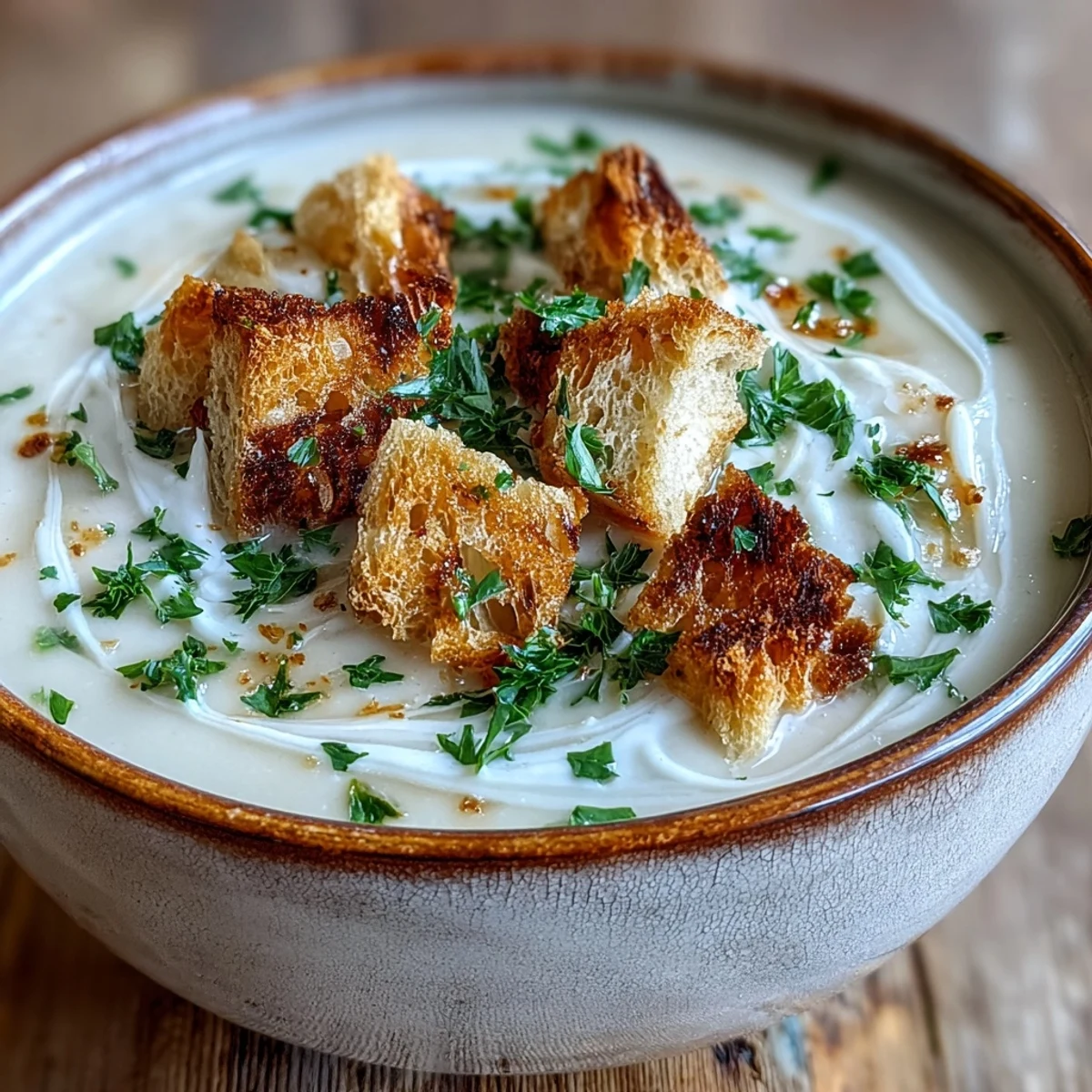 Creamy roasted garlic soup with a swirl of cream and fresh parsley garnish served in a rustic bowl.