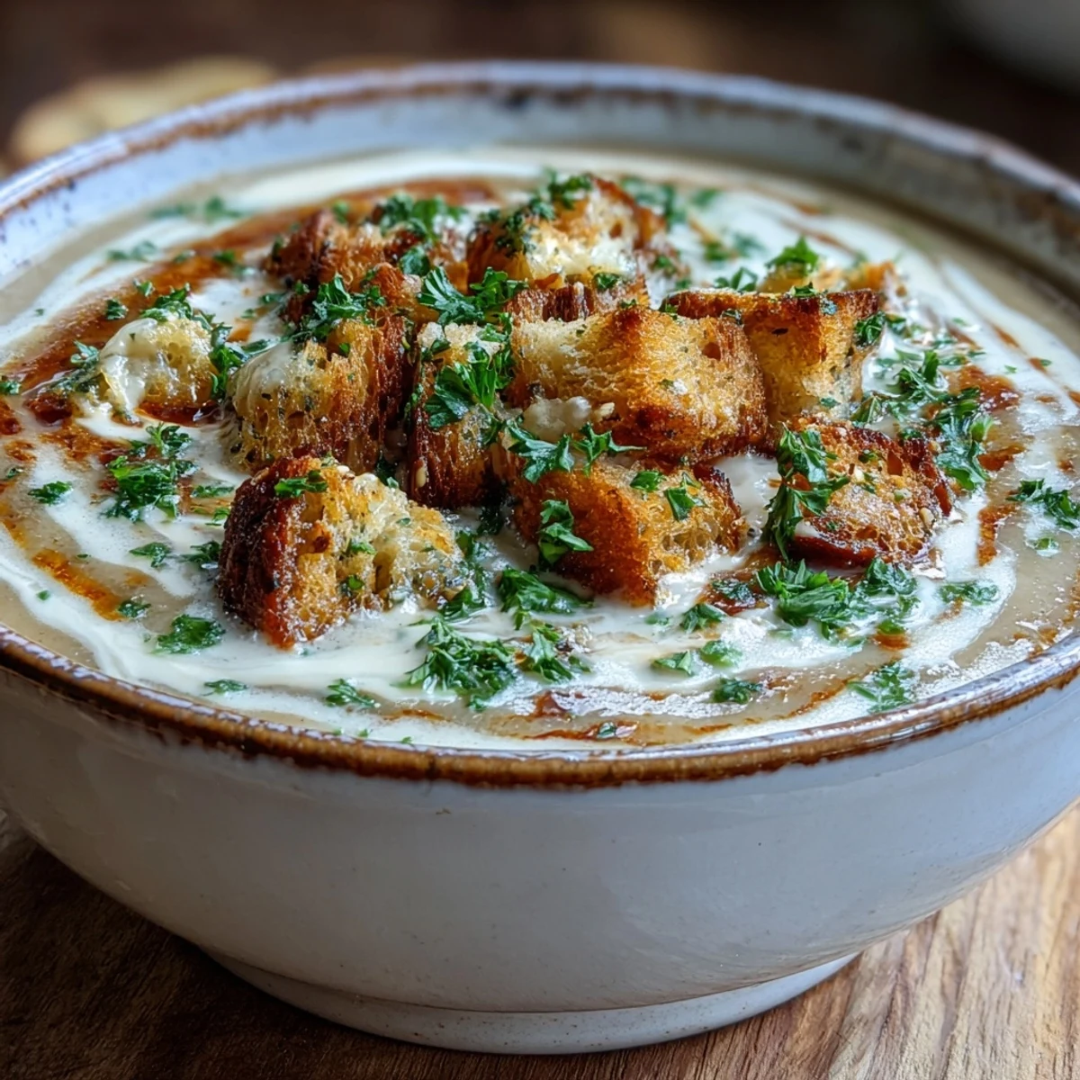 Roasted garlic soup simmering in a pot with thyme and vegetable broth beside sliced toasted bread.