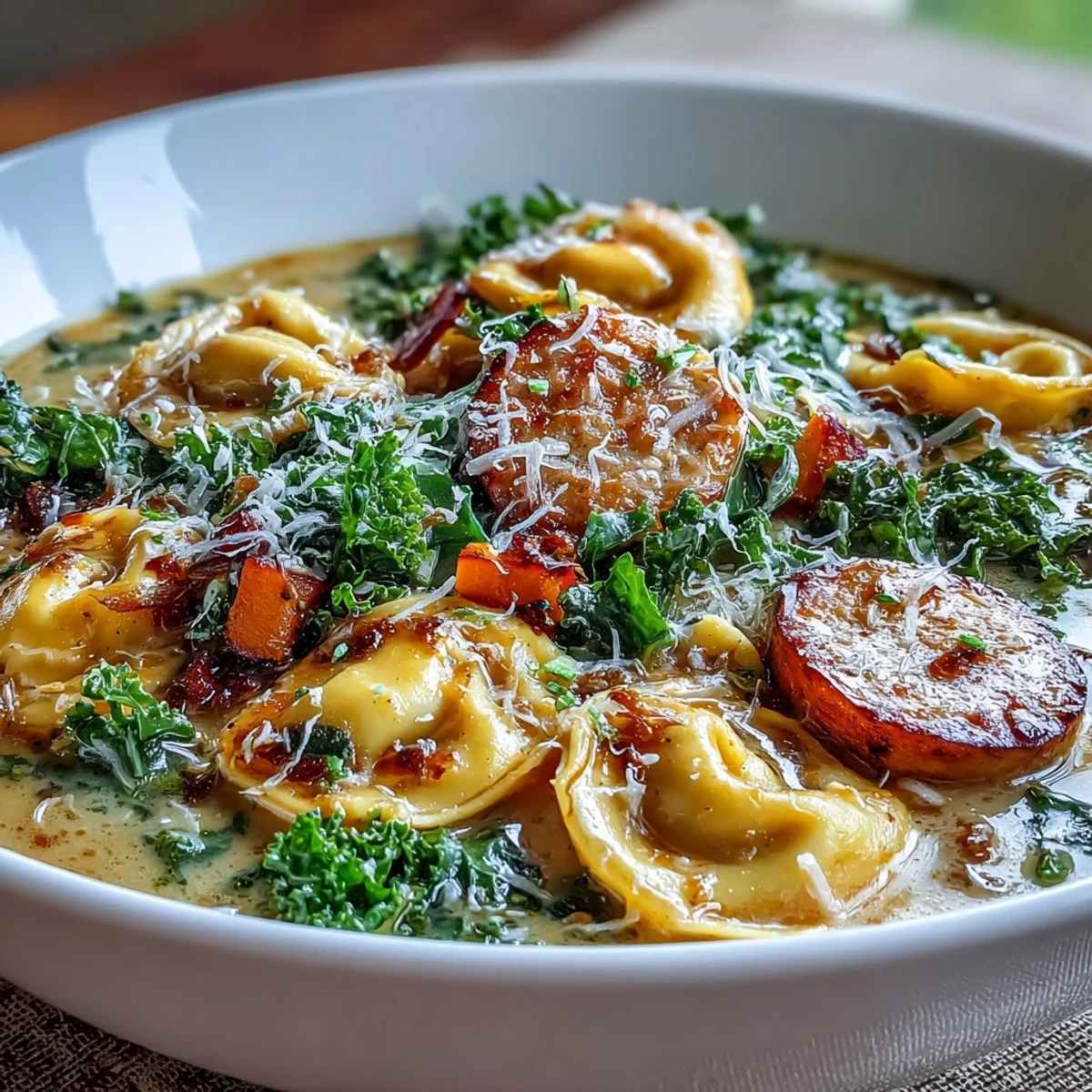 Steaming Pumpkin Tortellini Soup with Chicken Sausage and vibrant green kale, served alongside crusty artisan bread for dipping.