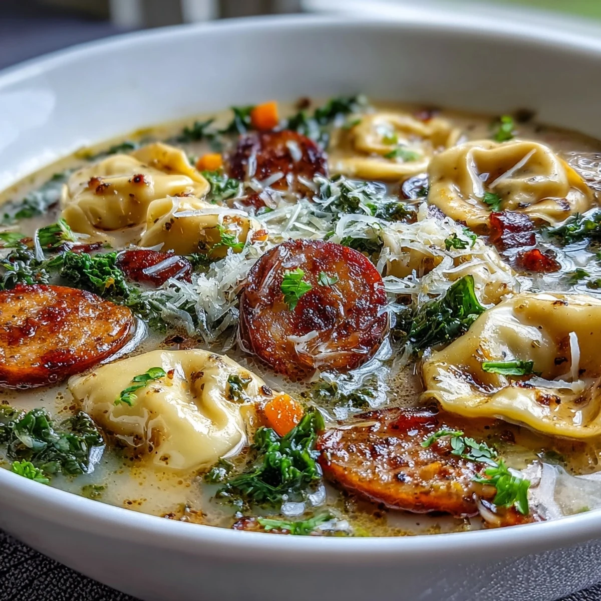 Close-up of cheesy tortellini and sliced chicken sausage in rich Pumpkin Tortellini Soup, finished with a sprinkle of Parmesan.