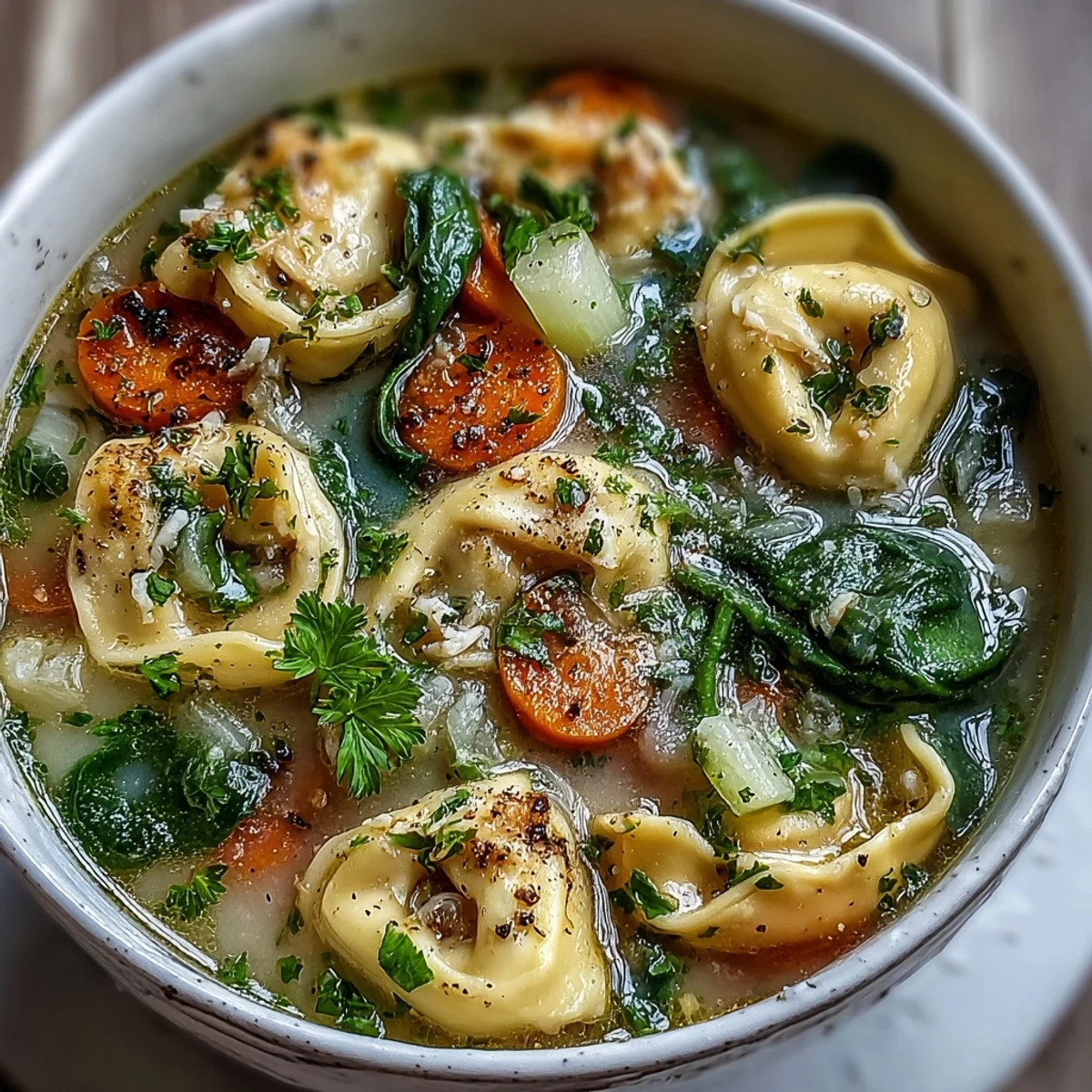 Creamy Easy Tortellini Soup with Chicken Broth, loaded with carrots, spinach, and herbs in a steaming bowl.