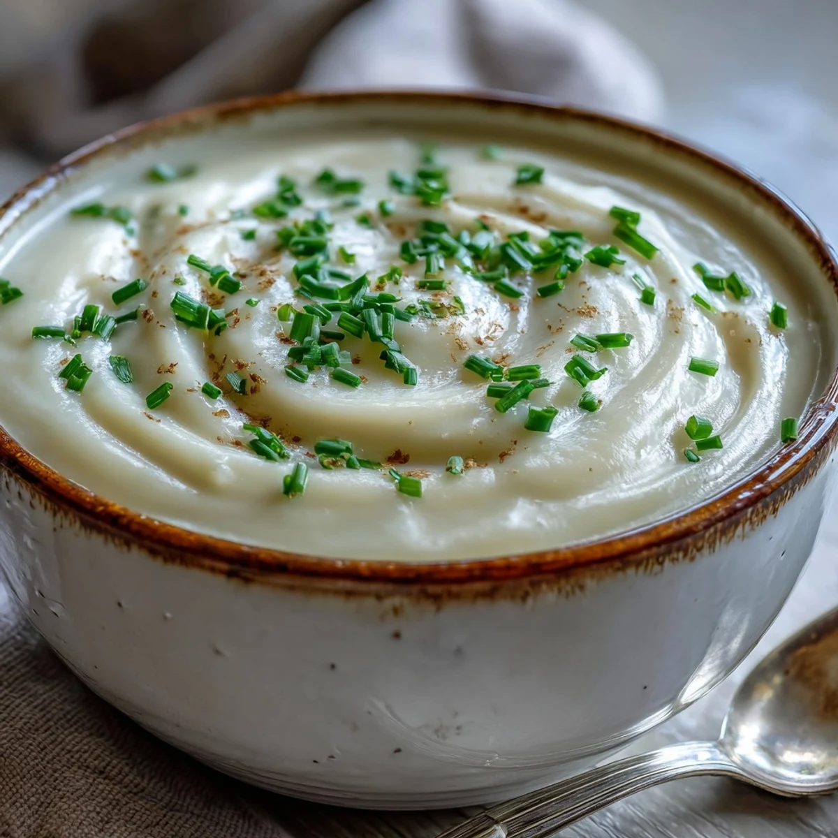 Creamy Celery Root Bisque in a rustic white bowl, garnished with fresh chives and a swirl of heavy cream.