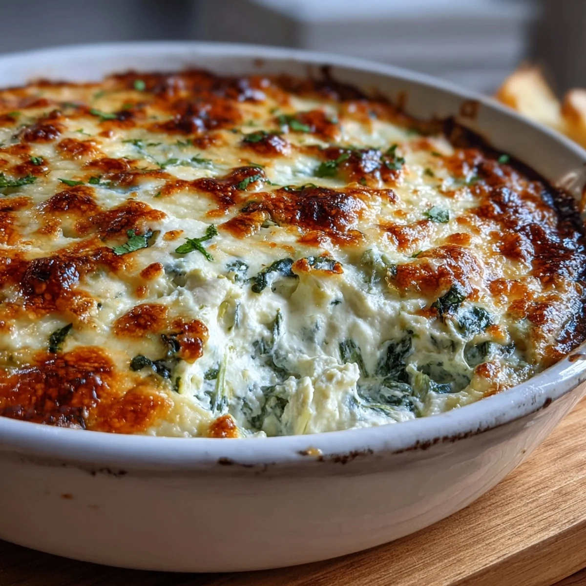 Golden bubbly Spinach Artichoke Dip fresh from the oven, served with crunchy tortilla chips and sliced baguette.