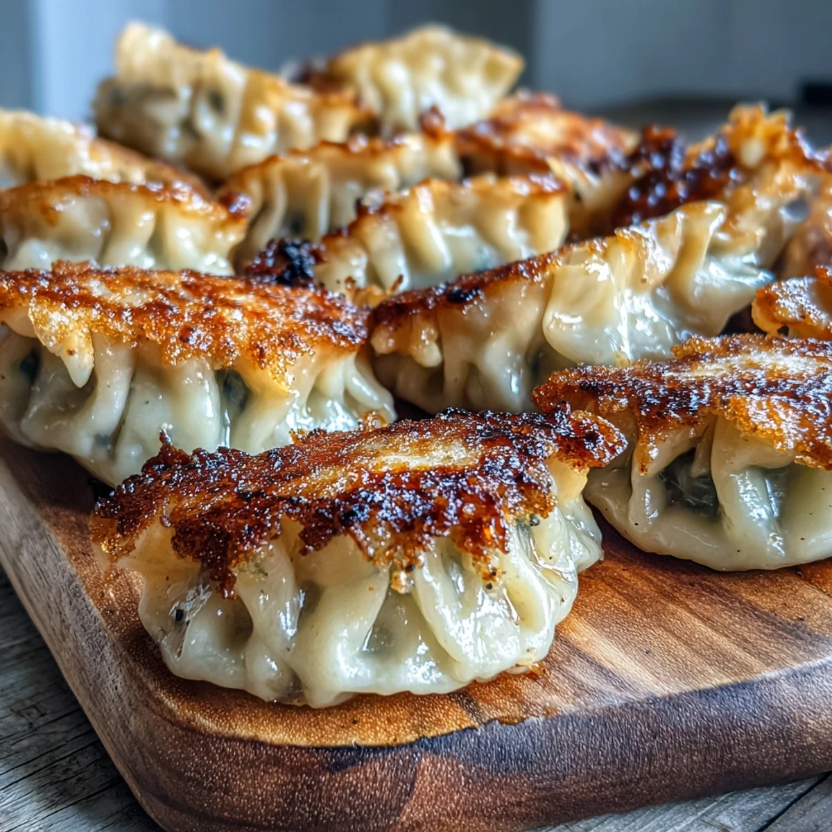 Golden-brown smash dumplings sizzle in a skillet with steam rising from the lid.