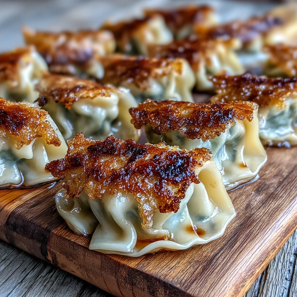 Dumplings with crispy bottoms and juicy pork filling served with a soy dipping sauce.