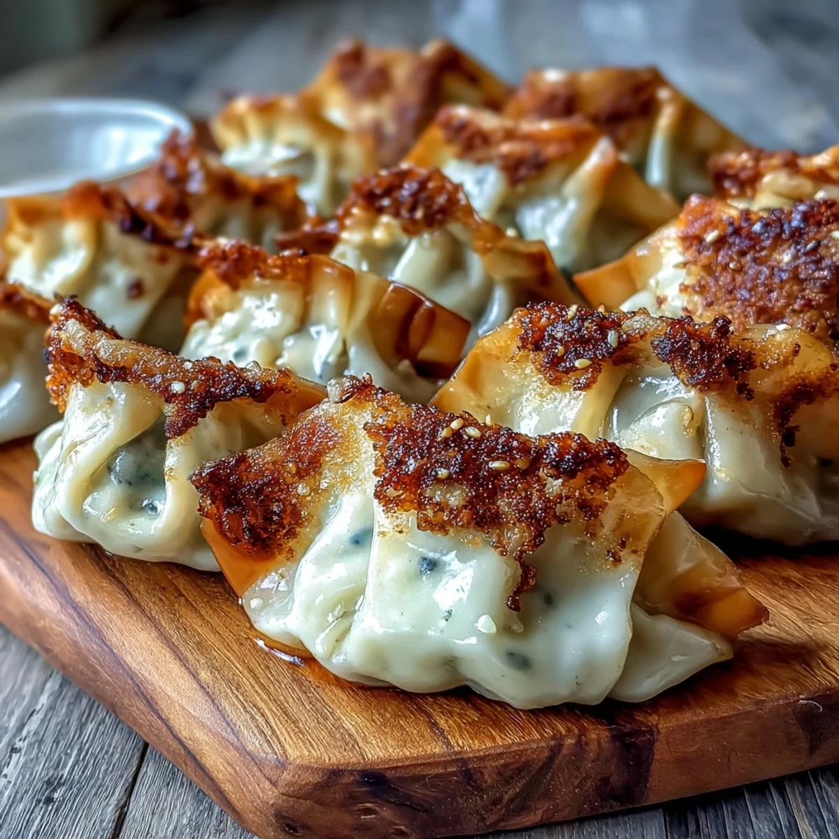 Close-up of homemade smash dumplings with golden crusts and scallions, ready to be served.
