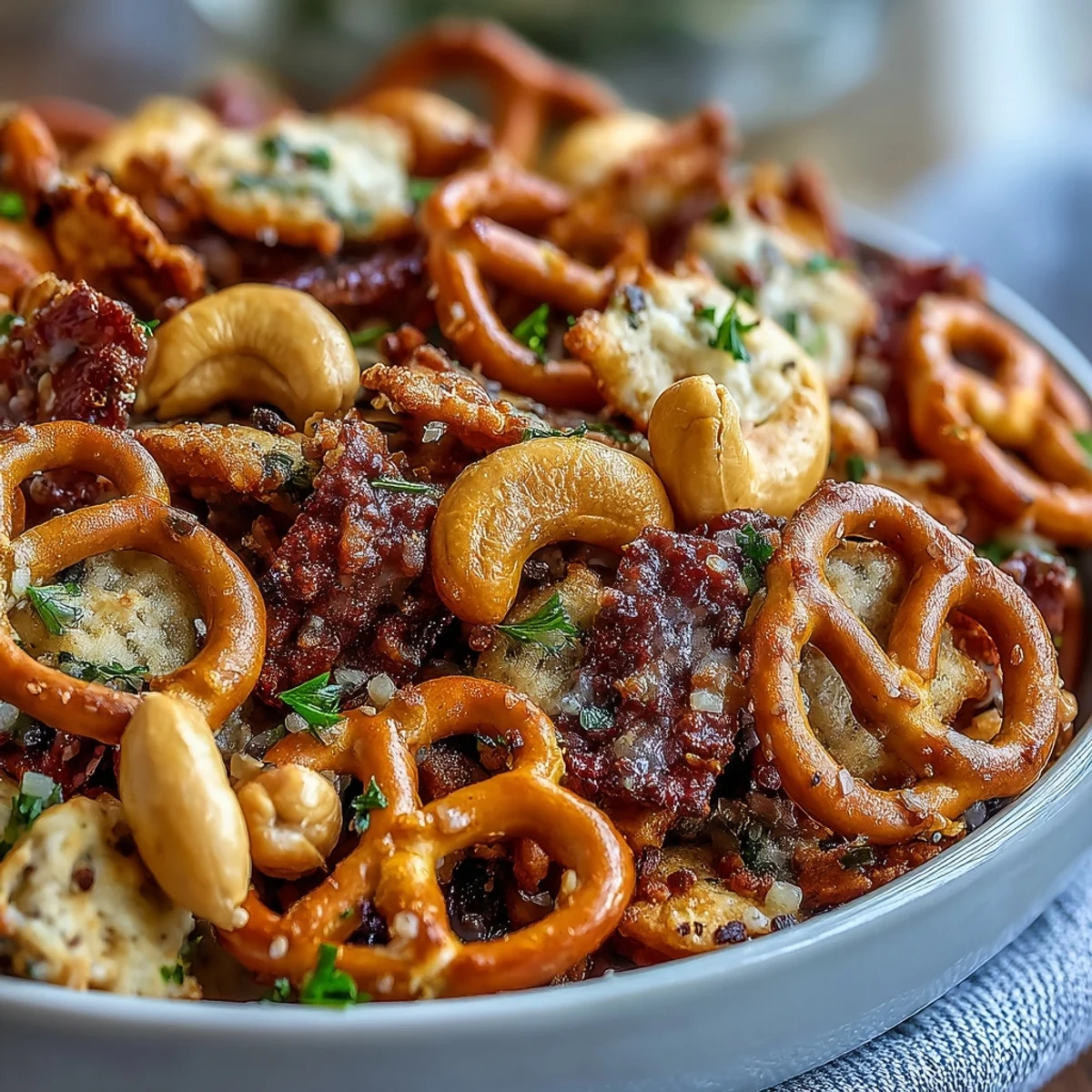 Golden-brown Everything Ranch Cheese and Pretzel Snack Mix spills from a white bowl, featuring crunchy pretzels, cheesy crackers, and cashews glistening with savory seasoning.  