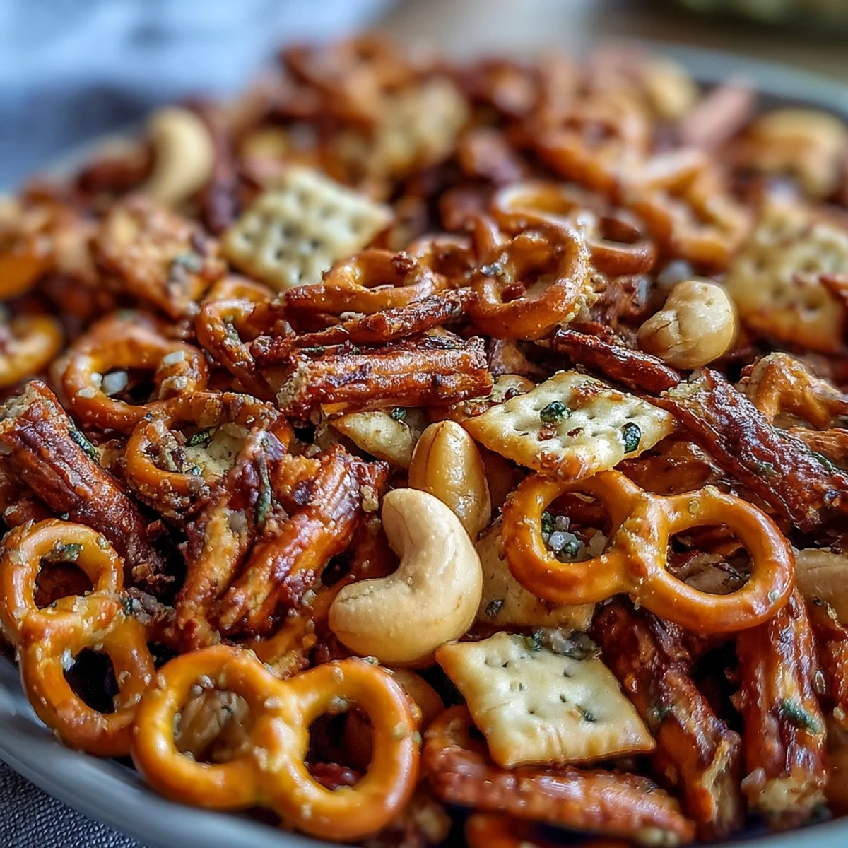 A close-up of Everything Ranch Cheese and Pretzel Snack Mix shows every textured bite, from rye chips dusted with everything seasoning to buttery, ranch-coated nuts.  