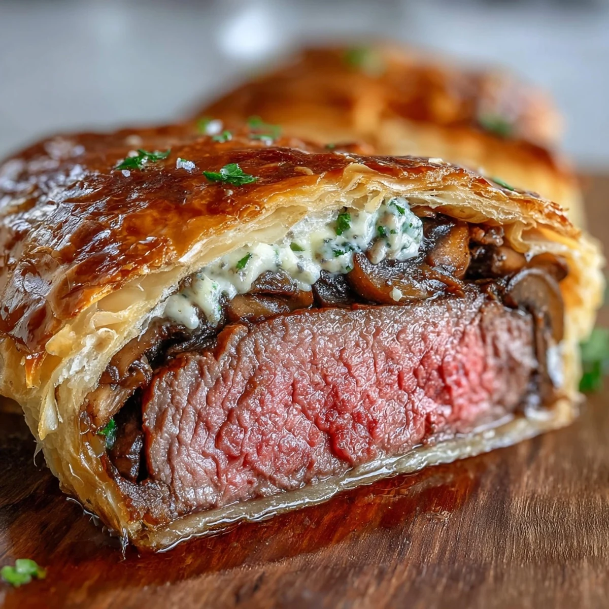 Freshly baked Beef Wellington with golden, flaky puff pastry and a juicy pink center, perfect for a special dinner party.