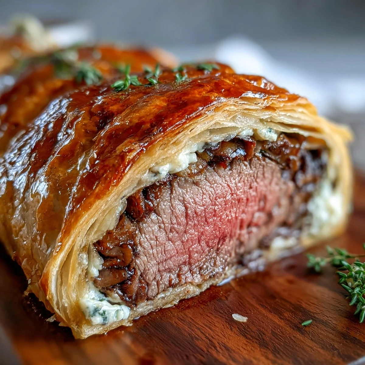 Homemade Beef Wellington on a rustic cutting board with fresh thyme garnish, ready for slicing and serving to guests.