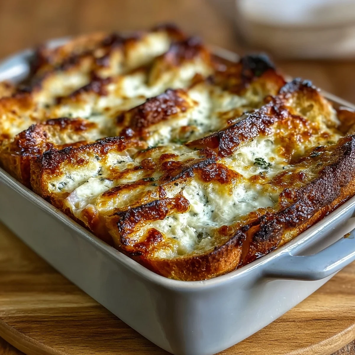 Golden, bubbly Croque Monsieur Casserole emerges from the oven with melted Gruyère and layers of ham.