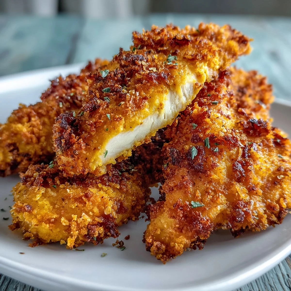 Golden-brown Crispy Turmeric Chicken Tenders stacked high with a side of zesty yogurt dip.