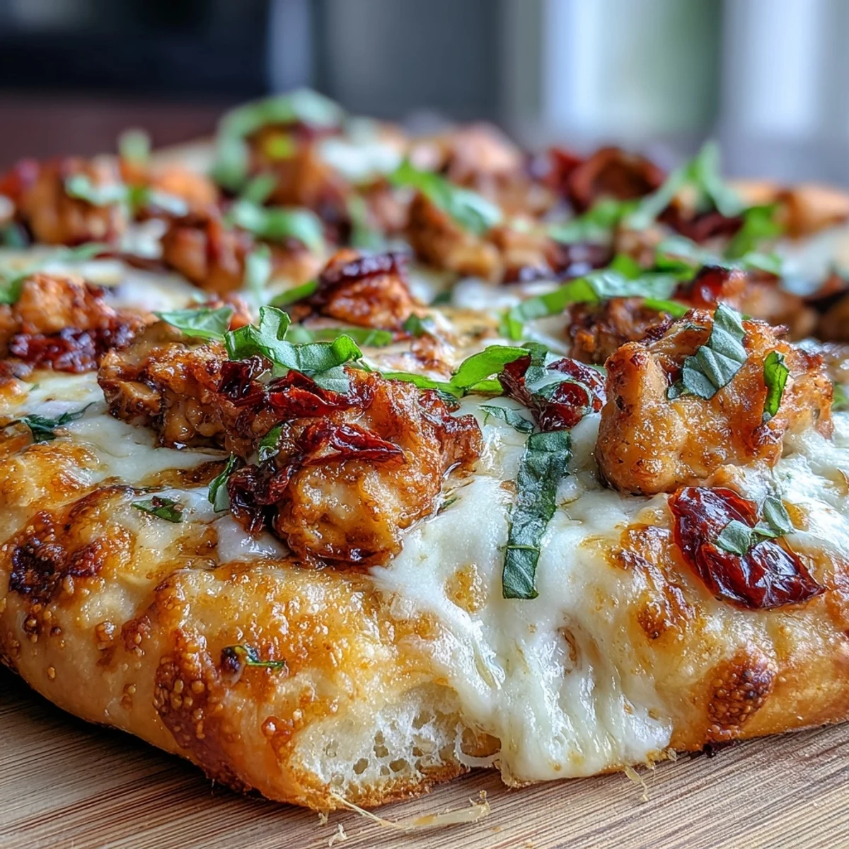 Golden, bubbly Marry Me Chicken Pizza with creamy chicken, sun-dried tomatoes, and fresh basil on a crispy crust.