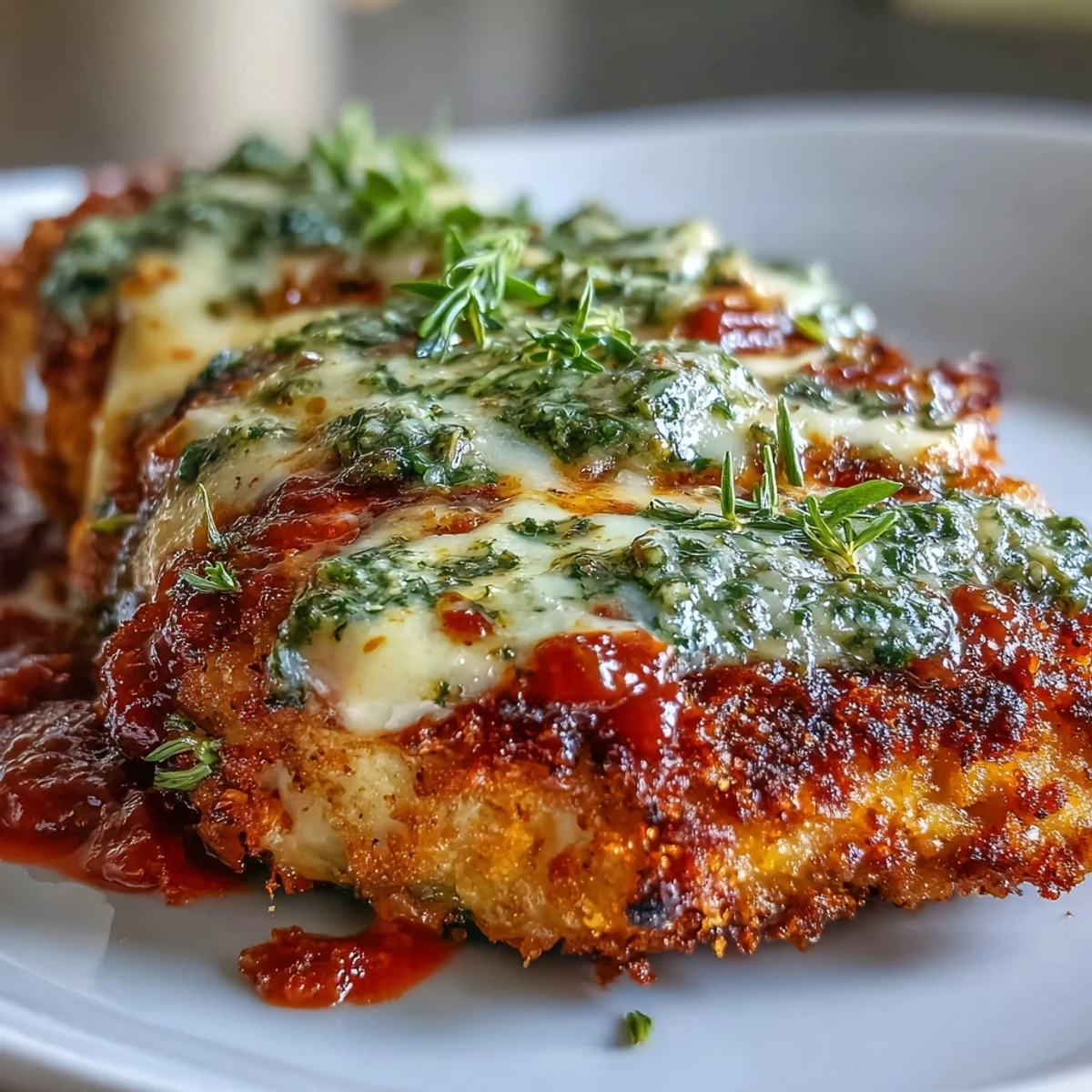 Golden-brown breaded chicken breasts fresh from the skillet, ready for a layer of pesto and marinara sauce in a baking dish.
