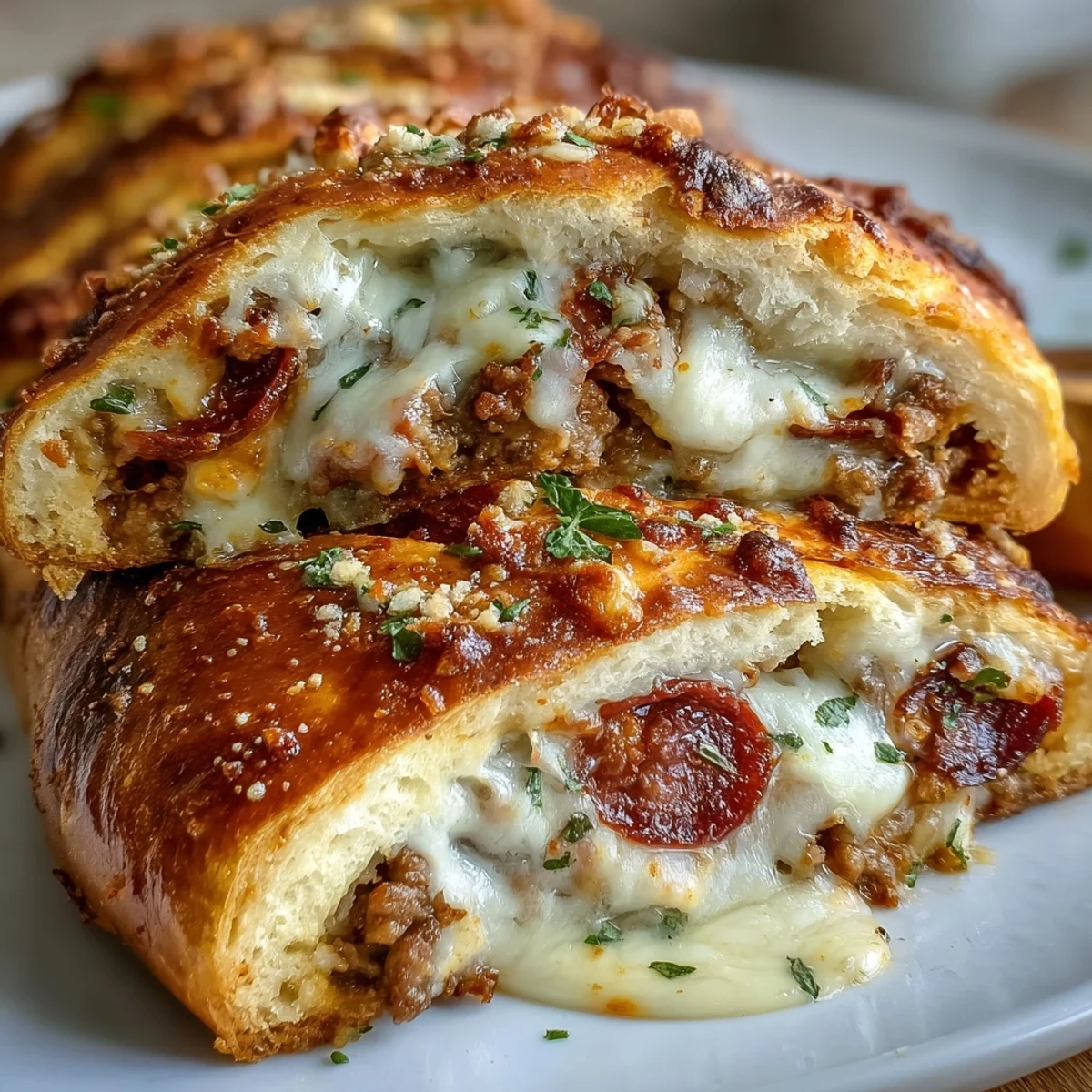 Golden-brown Irresistible High Protein Pepperoni Pizza Rolls sit on a cooling rack, with melted mozzarella and pepperoni peeking from the fluffy, protein-rich dough.
