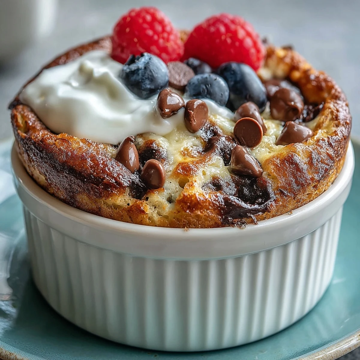 Single-serve Baked Protein Pancake Bowl fresh from the oven, revealing soft, fluffy texture and chocolate chips, ready for a nutritious high-protein breakfast.