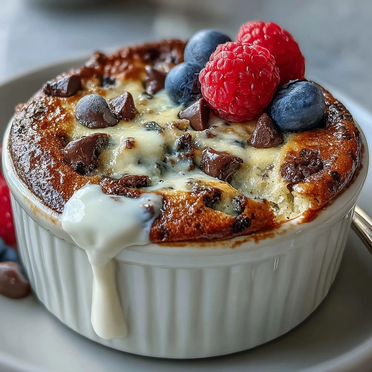 Golden-brown Baked Protein Pancake Bowl with fluffy center, topped with peanut butter, fresh blueberries, and a maple syrup drizzle, served in a ceramic ramekin.