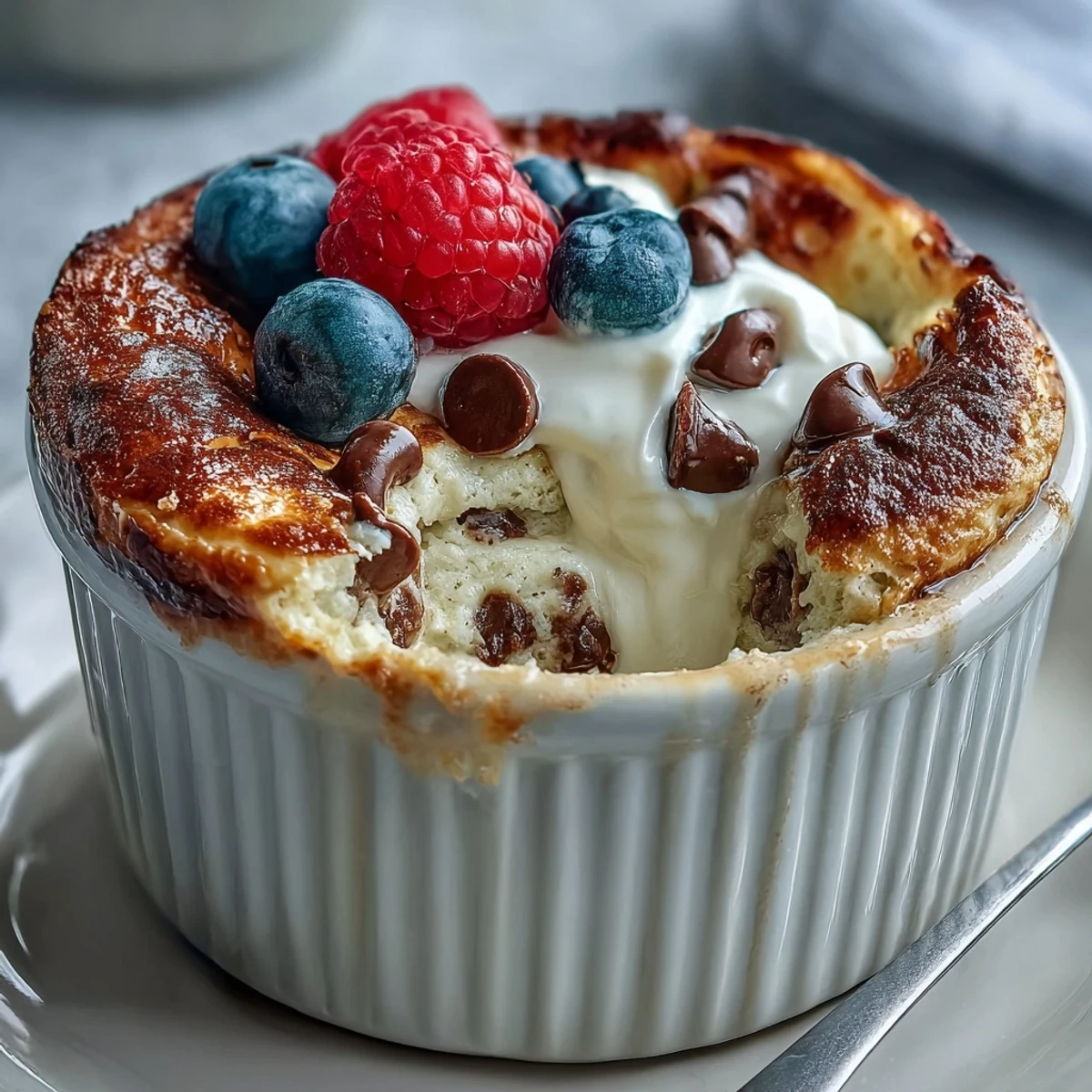 Cracked open Baked Protein Pancake Bowl with warm, moist center, topped with Greek yogurt and sliced strawberries for a satisfying protein-rich meal prep idea.