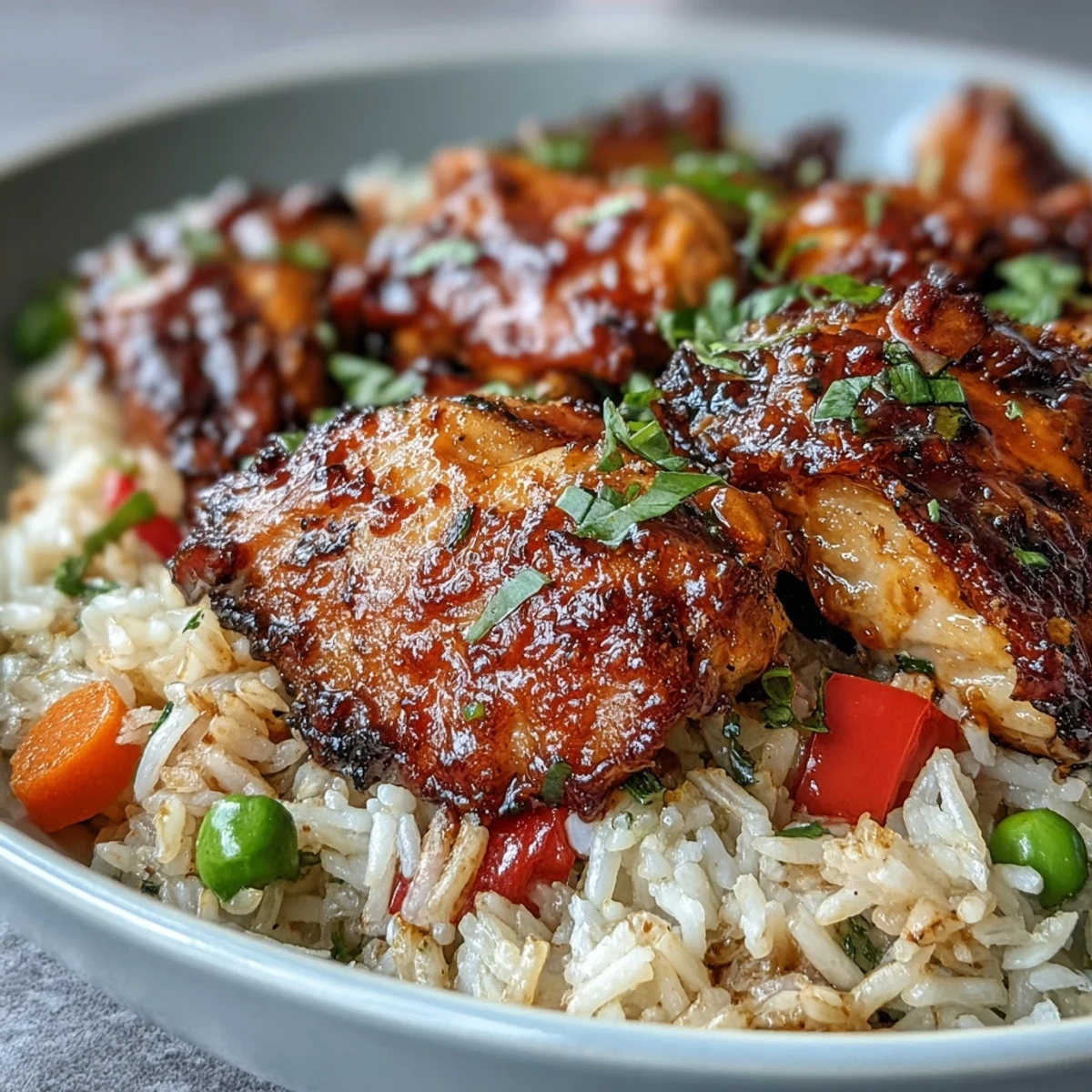 Tender honey BBQ chicken thighs simmer with fluffy rice and mixed vegetables in this One-Pan Bold Honey BBQ Chicken Rice.