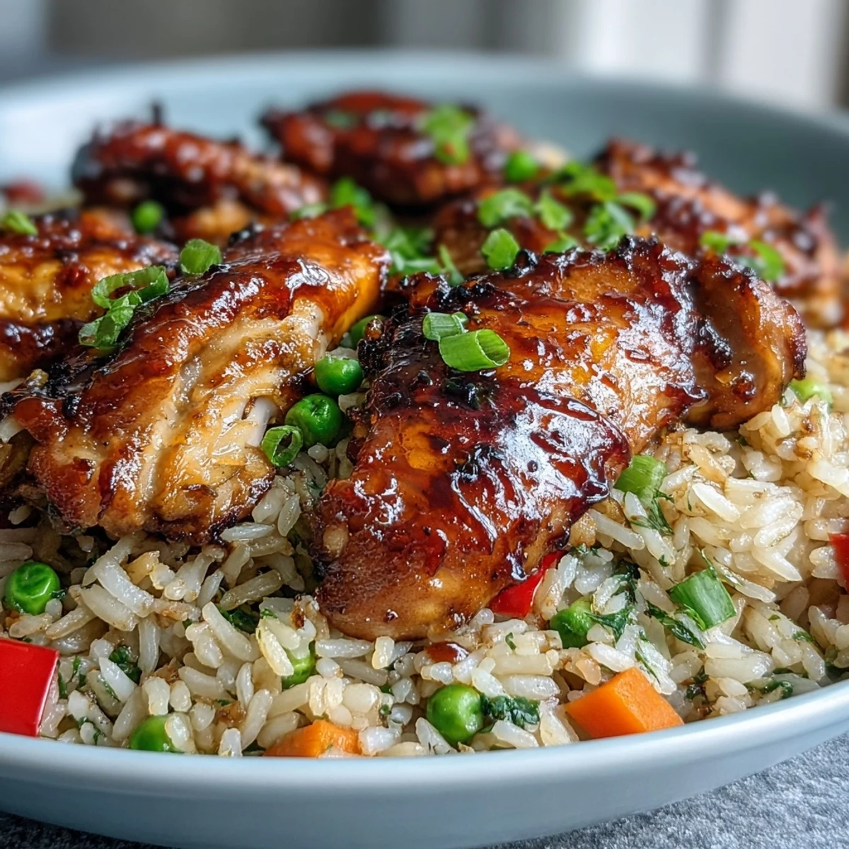 Spoon into a warm bowl of One-Pan Bold Honey BBQ Chicken Rice, garnished with fresh herbs for a quick family dinner.