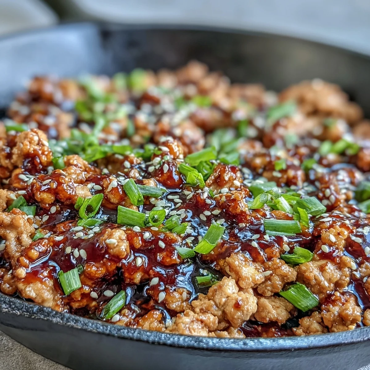 Fork tender Korean-Style Ground Turkey simmered in a glossy, spicy-sweet sauce with garlic and ginger.