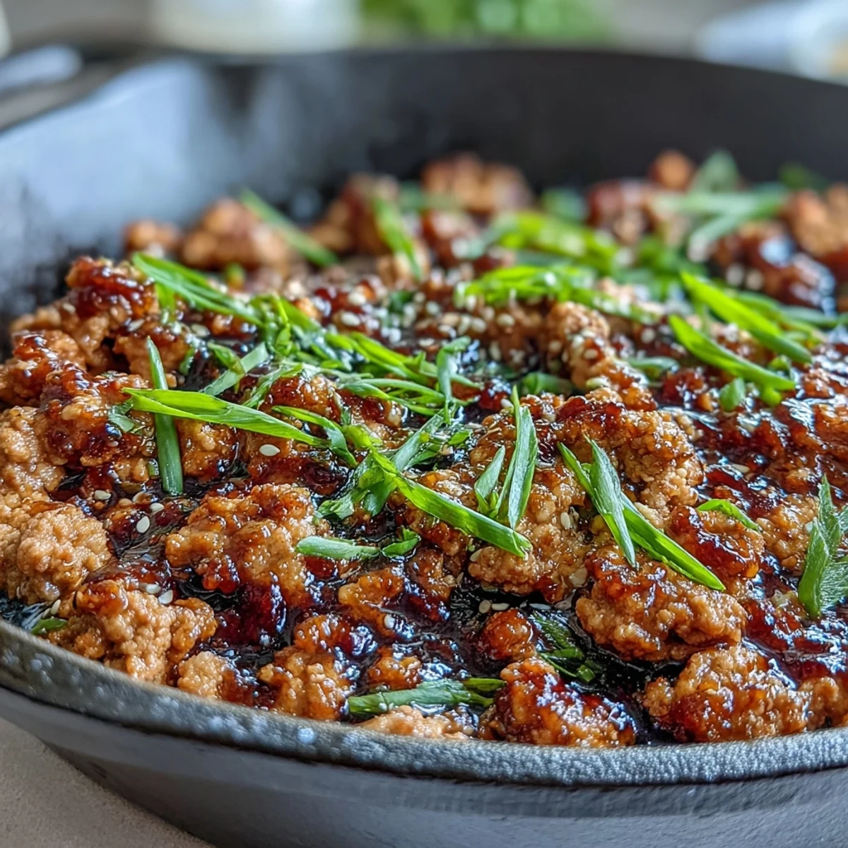 A quick skillet of Korean-Style Ground Turkey finished with toasted sesame seeds and fresh chopped chives.