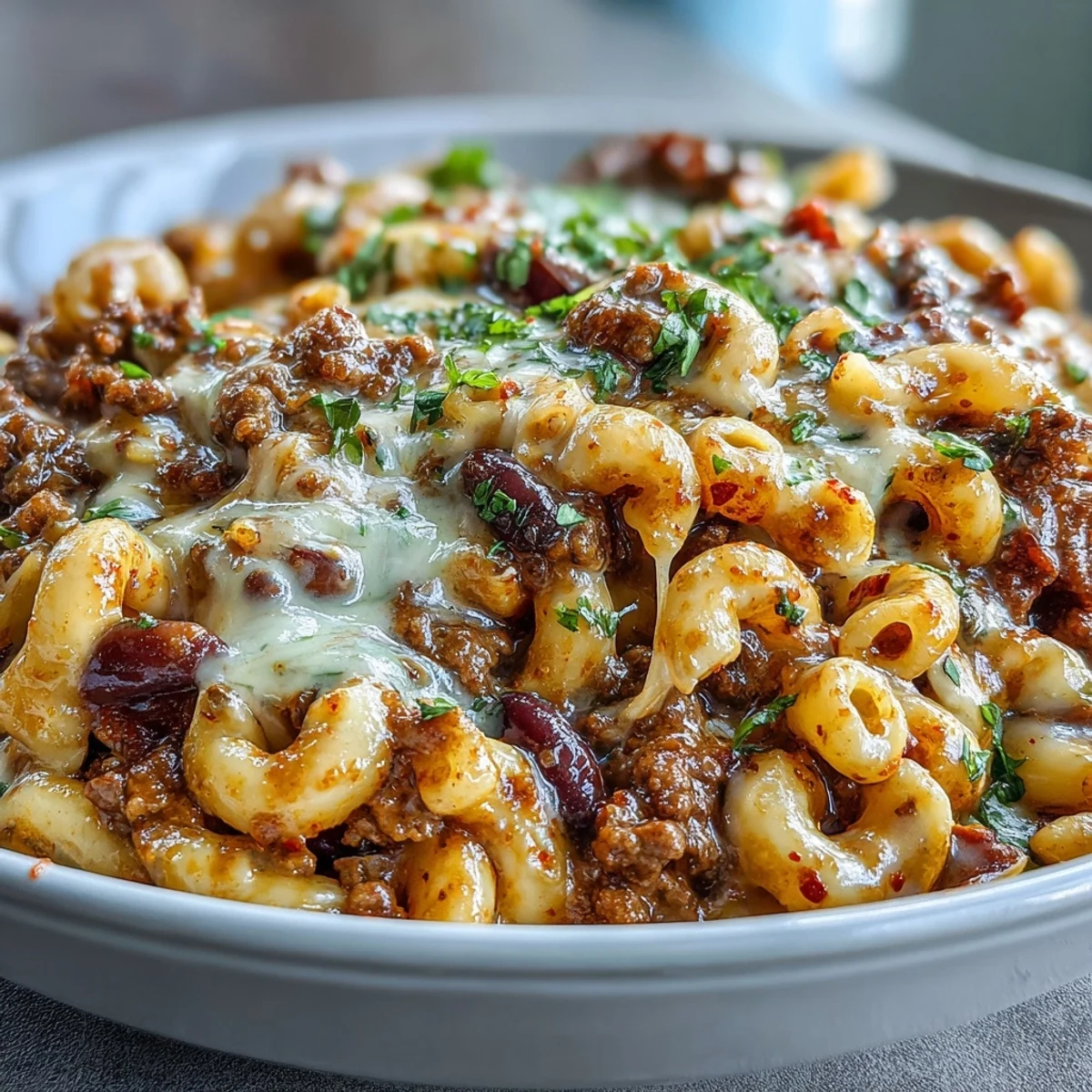 Sizzling One-Pan High Protein Chili Mac being scooped from a Dutch oven, showcasing gooey cheese and tender macaroni.